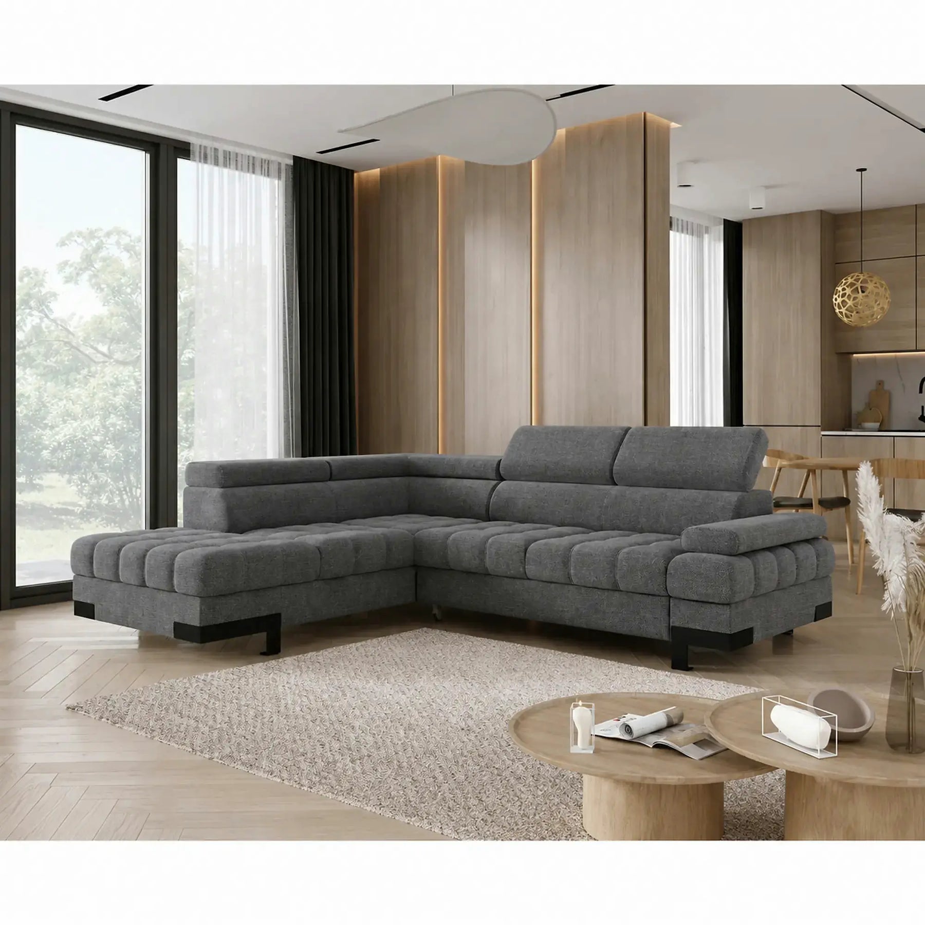 Coltar extensibil SELVA L, stofă clasică/lemn/PAL, gri - Austin 19, 263×223×95 cm