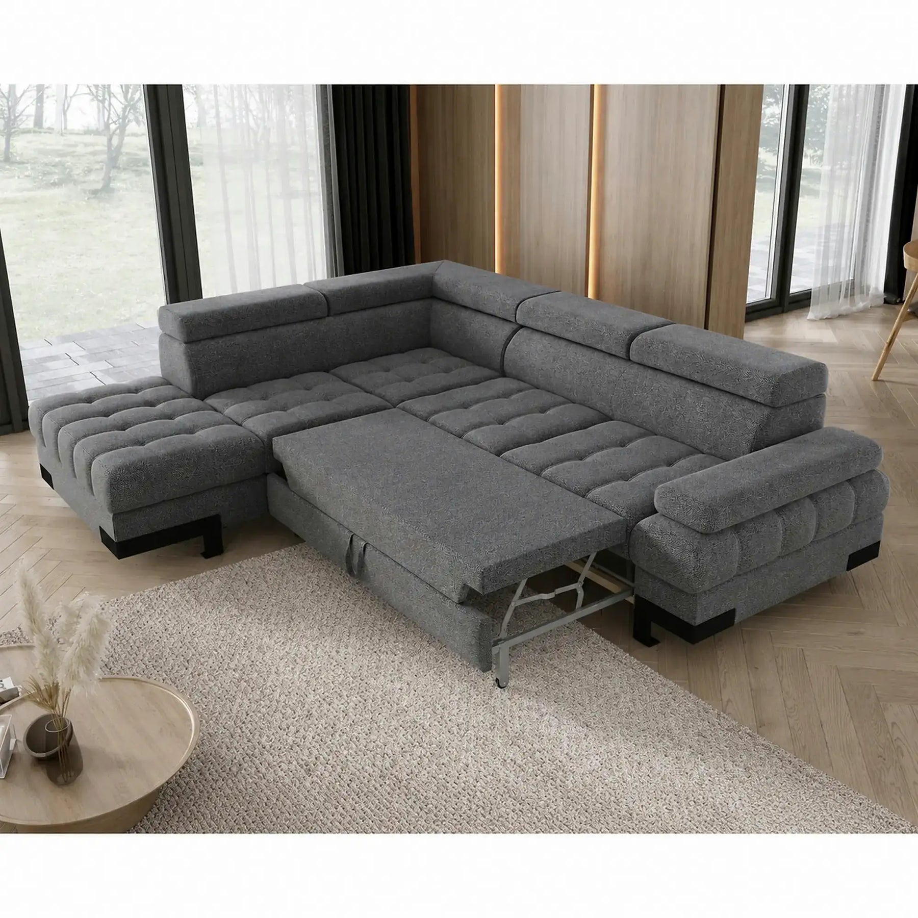 Coltar extensibil SELVA L, stofă clasică/lemn/PAL, gri - Austin 19, 263×223×95 cm