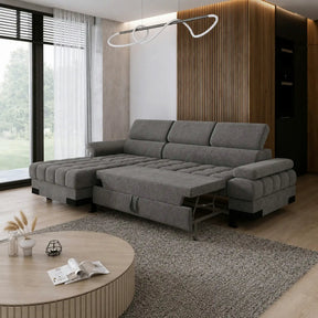 Coltar extensibil SELVA MINI, stofă catifelata/lemn, gri antracit - Salvador 15, 270×173×95 cm