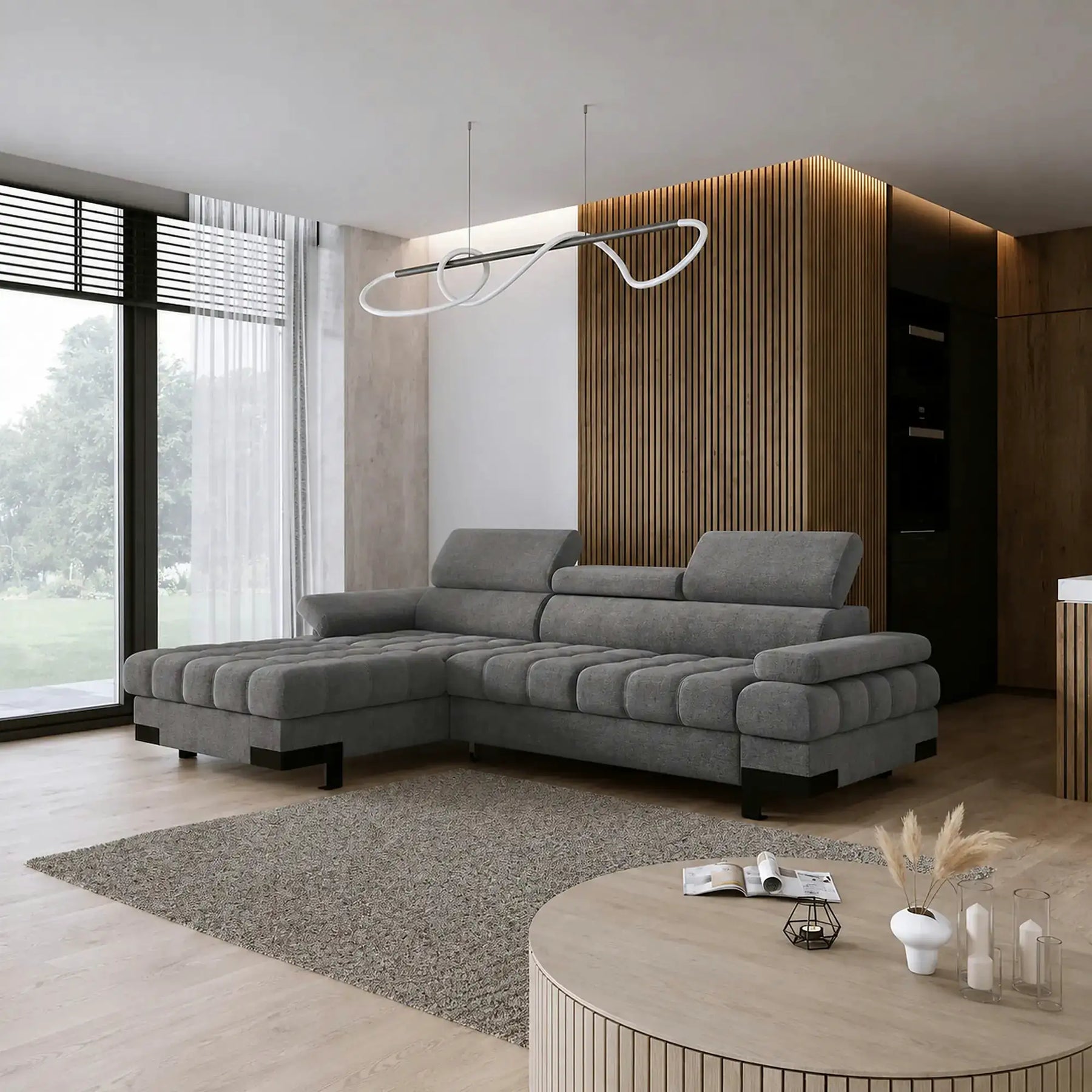 Coltar extensibil SELVA MINI, stofă catifelata/lemn, gri antracit - Salvador 15, 270×173×95 cm
