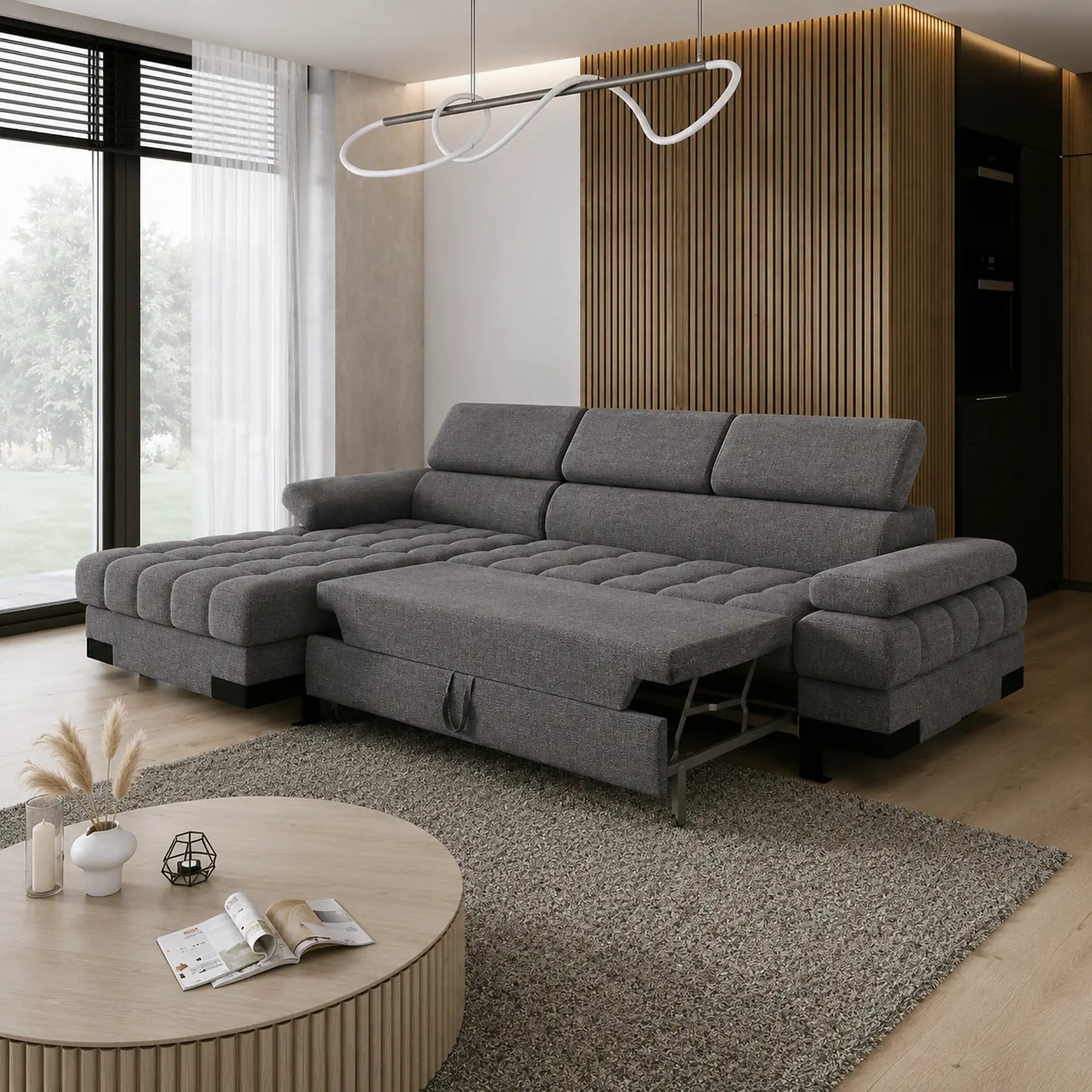 Coltar extensibil SELVA MINI, stofă clasică/lemn, gri - Austin 19, 270×173×95 cm