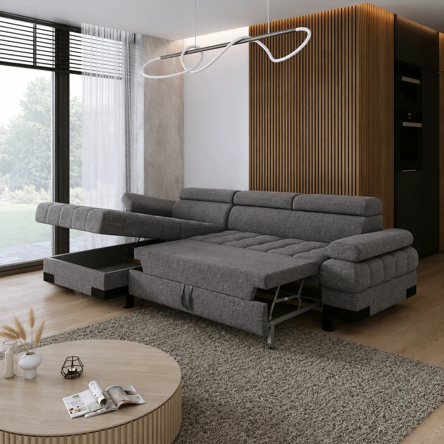 Coltar extensibil SELVA MINI, stofă clasică/lemn, gri - Austin 19, 270×173×95 cm