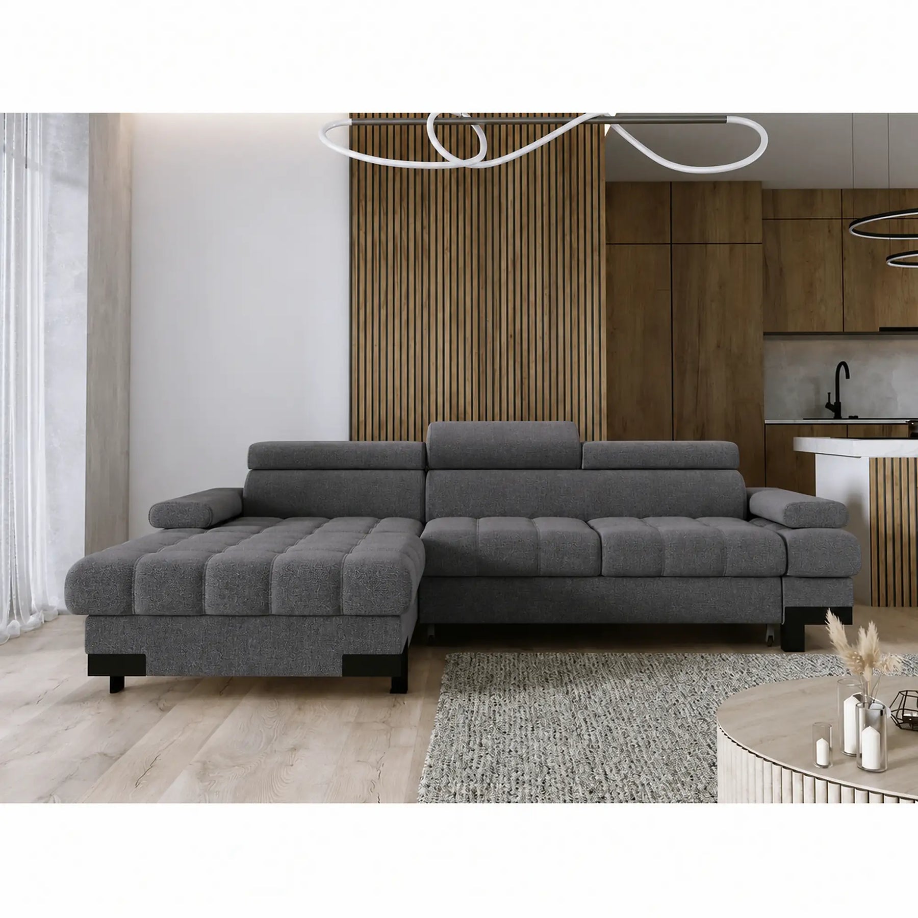 Coltar extensibil SELVA MINI, stofă clasică/lemn, gri - Austin 19, 270×173×95 cm
