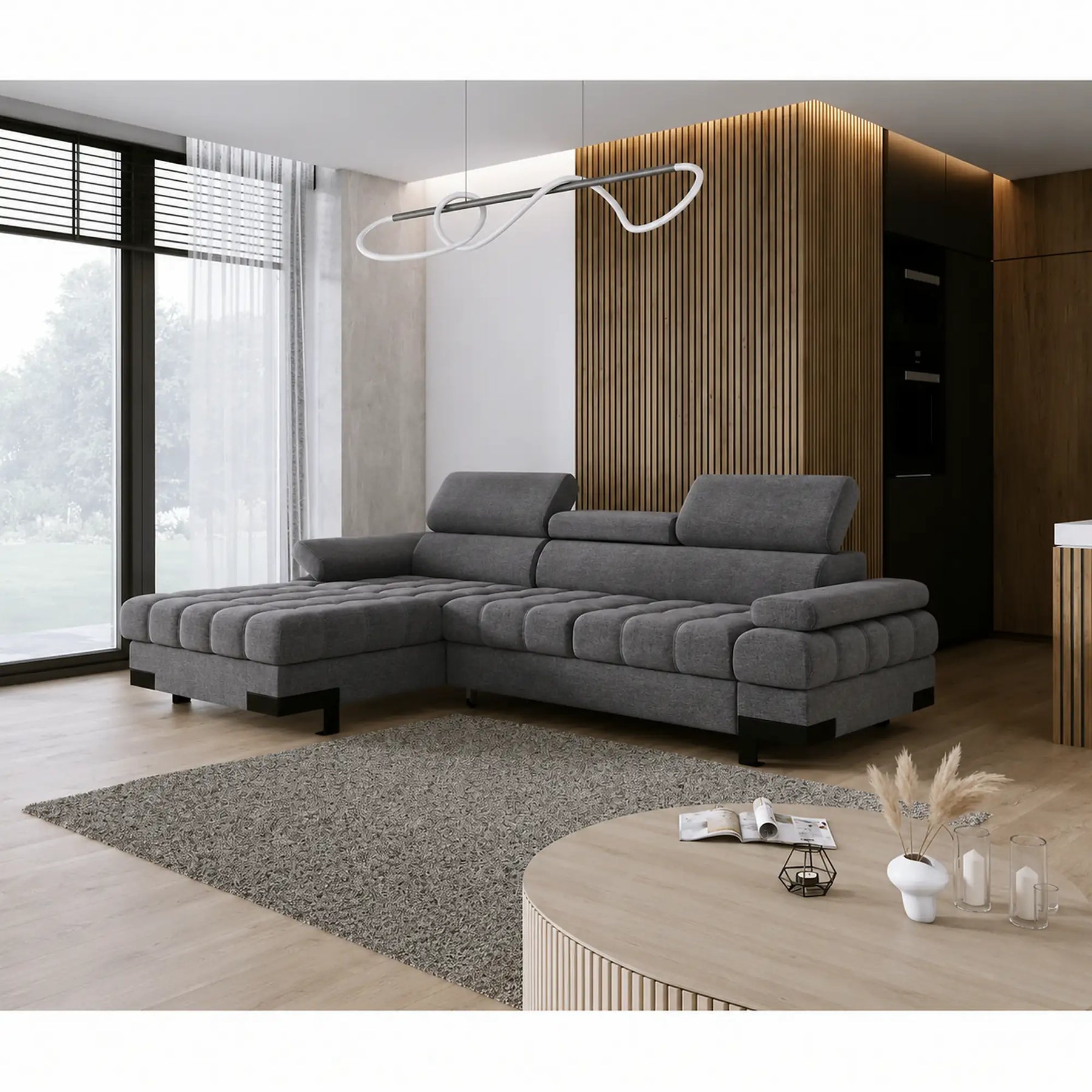 Coltar extensibil SELVA MINI, stofă clasică/lemn, gri - Austin 19, 270×173×95 cm