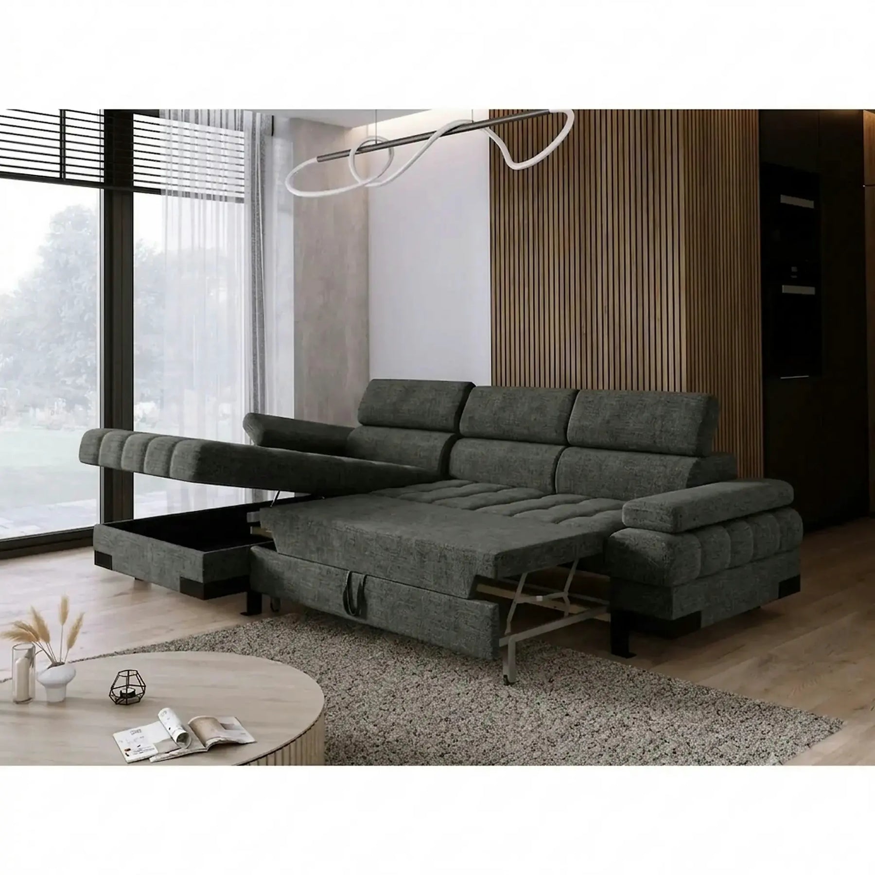 Coltar extensibil SELVA MINI, stofă/lemn masiv/PAL, gri - Rosario 456, 270×173×95 cm