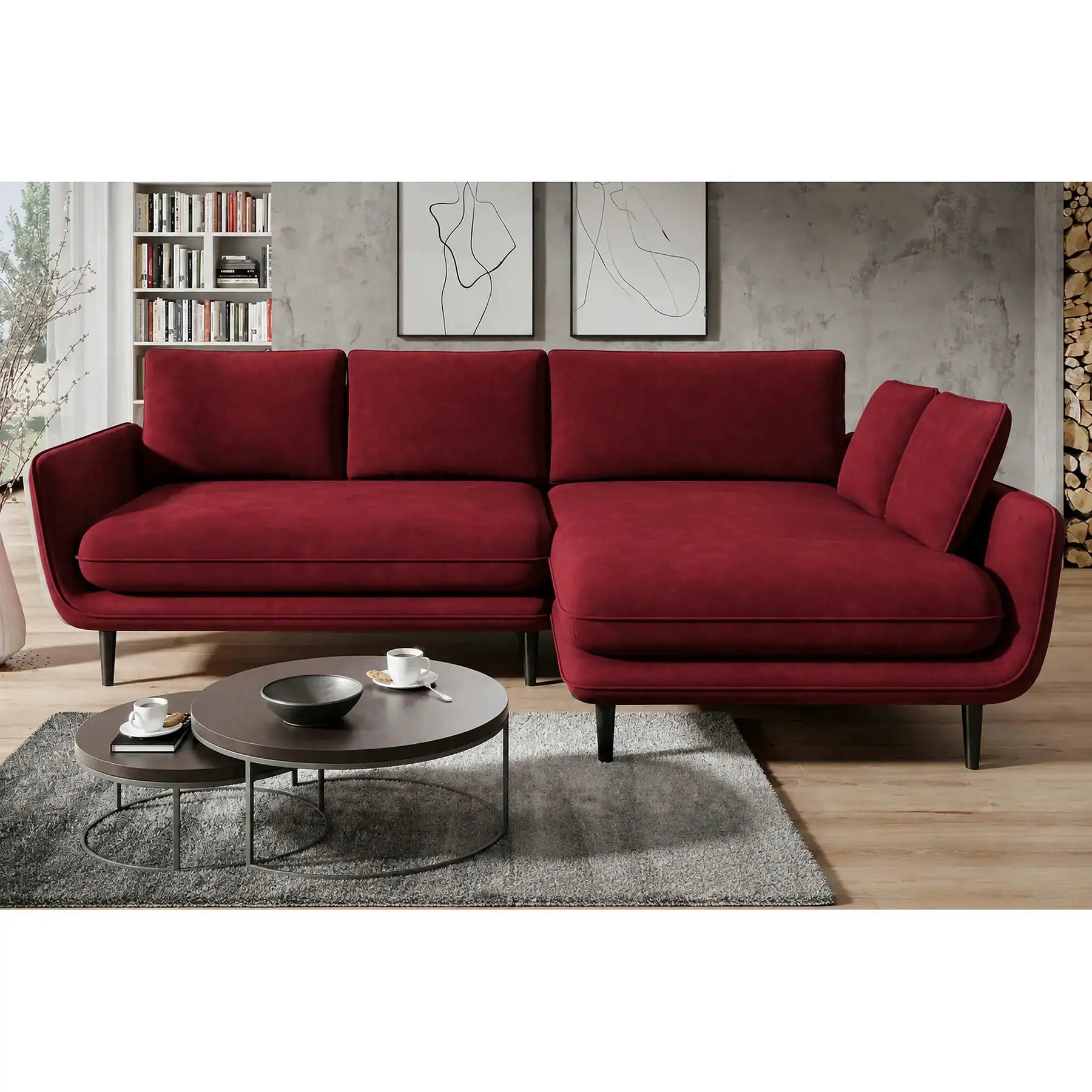 Coltar extensibil SOLANO, sezlong dreapta, stofa catifelata rosu - Riviera 61, cu lada depozitare, 260x167x83 cm