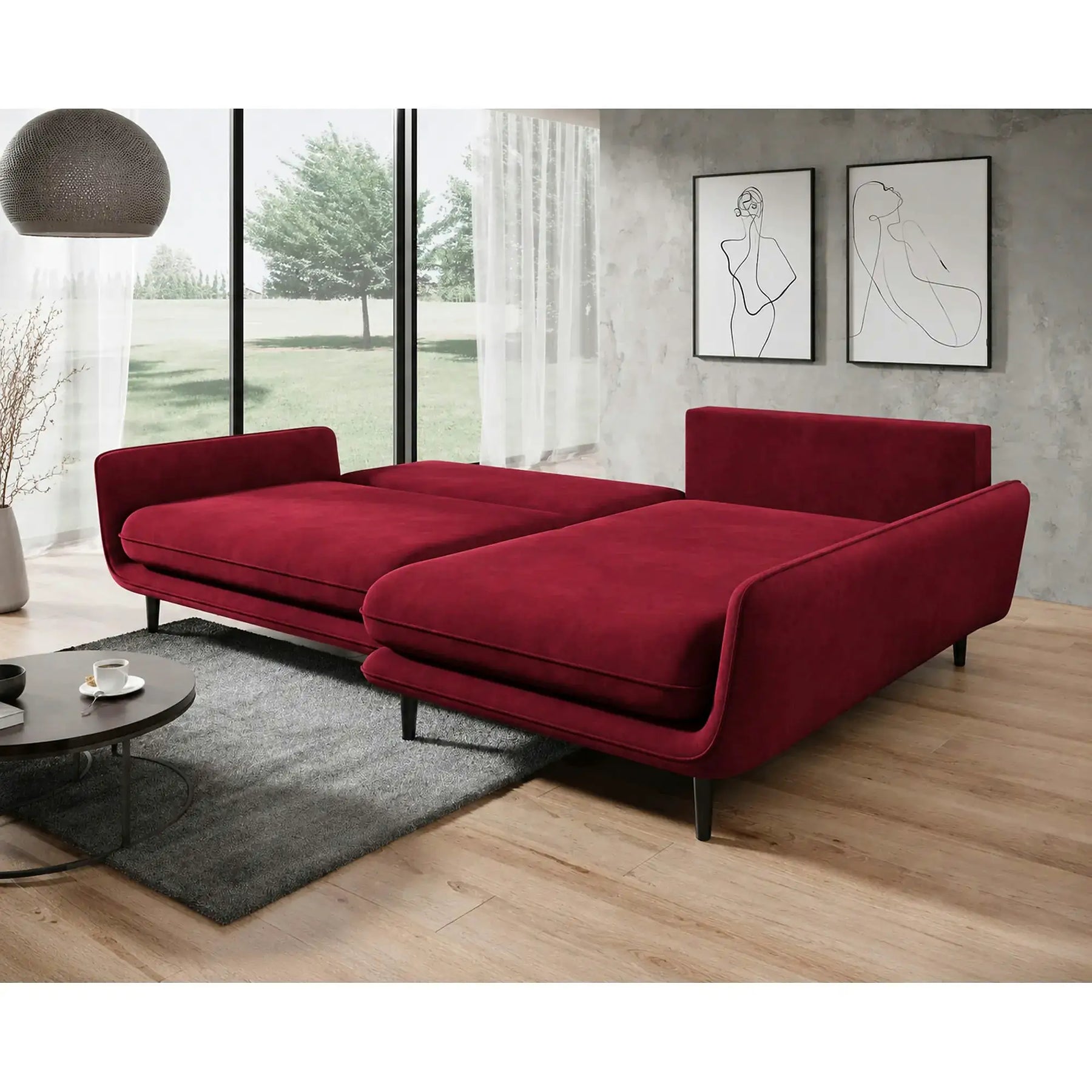 Coltar extensibil SOLANO, stofă catifelata/lemn de fag/PAL, rosu - Riviera 61, 260×167×83 cm