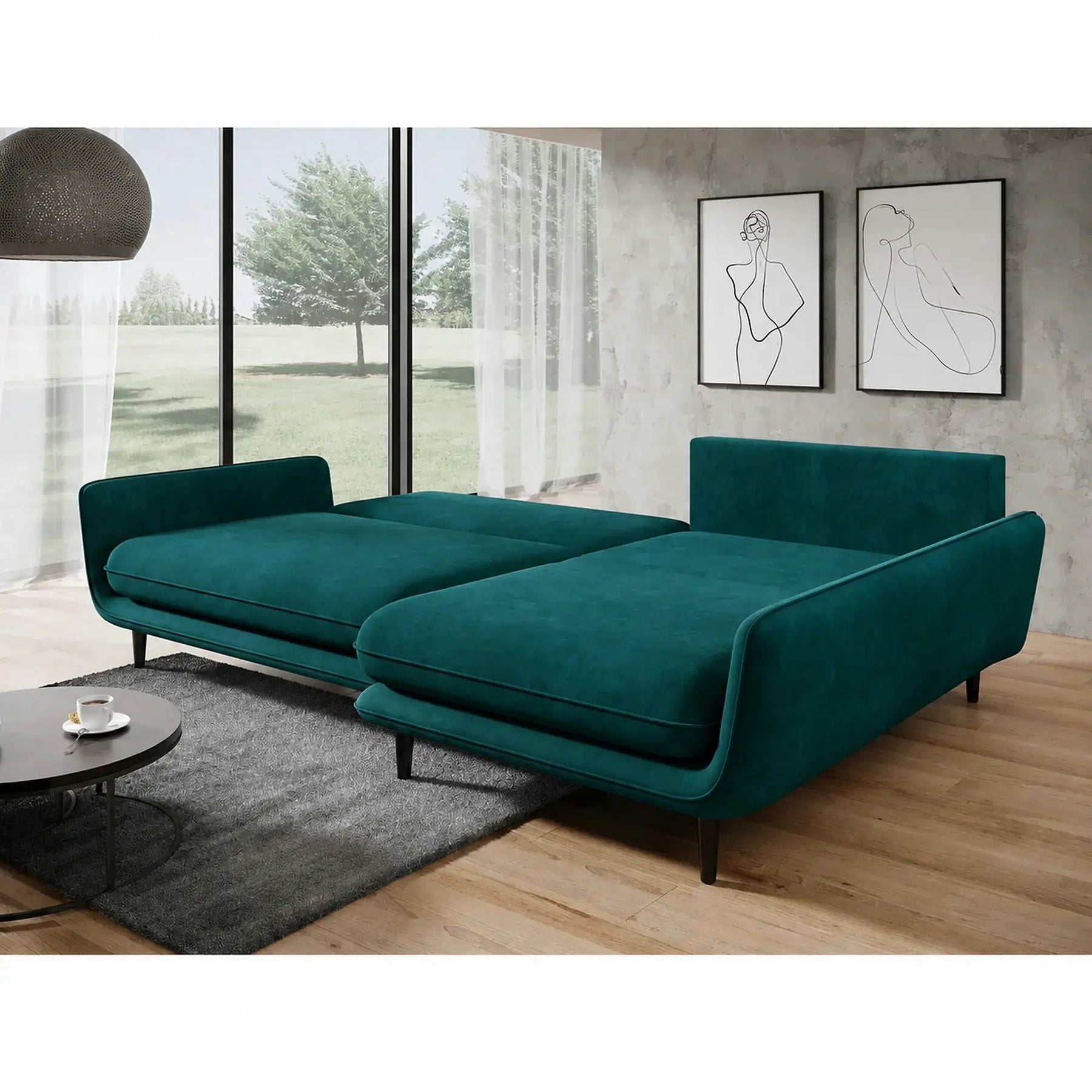 Coltar extensibil SOLANO, stofă catifelata/lemn de fag/PAL, verde închis - Terra 75, 260×167×83 cm