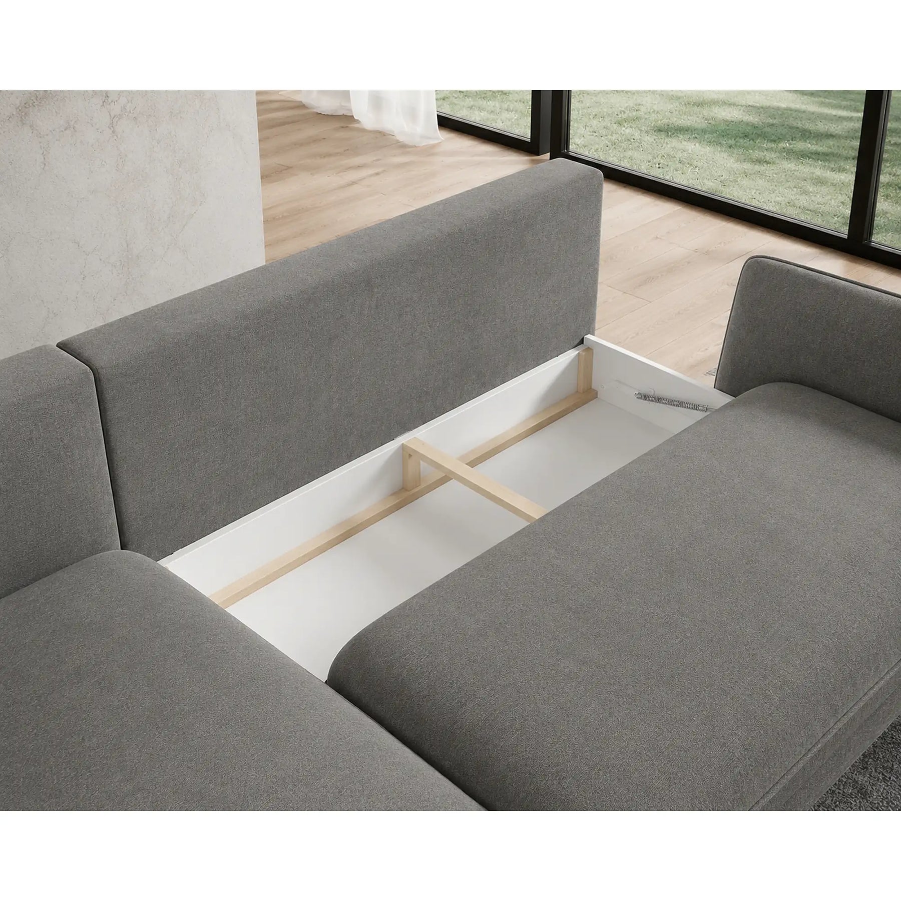 Coltar extensibil SOLANO, stofă catifelata/lemn de fag, gri - Palladium 16, 260×167×83 cm