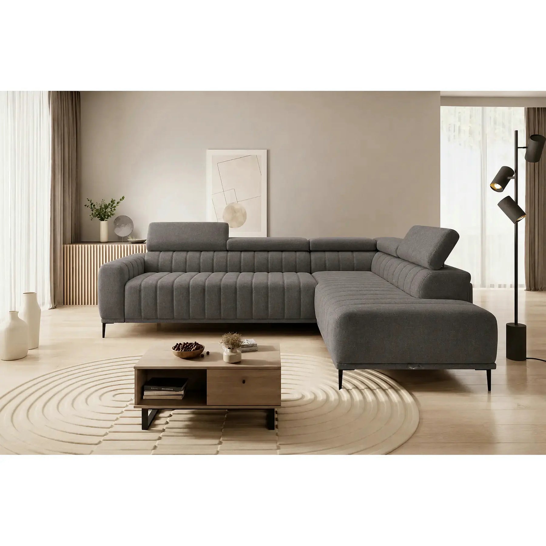 Coltar extensibil tip pat matrimonial GANDI 160, sezlong dreapta, stofa catifelata gri antracit - Salvador 15, cu lada depozitare, 301x204x99 cm