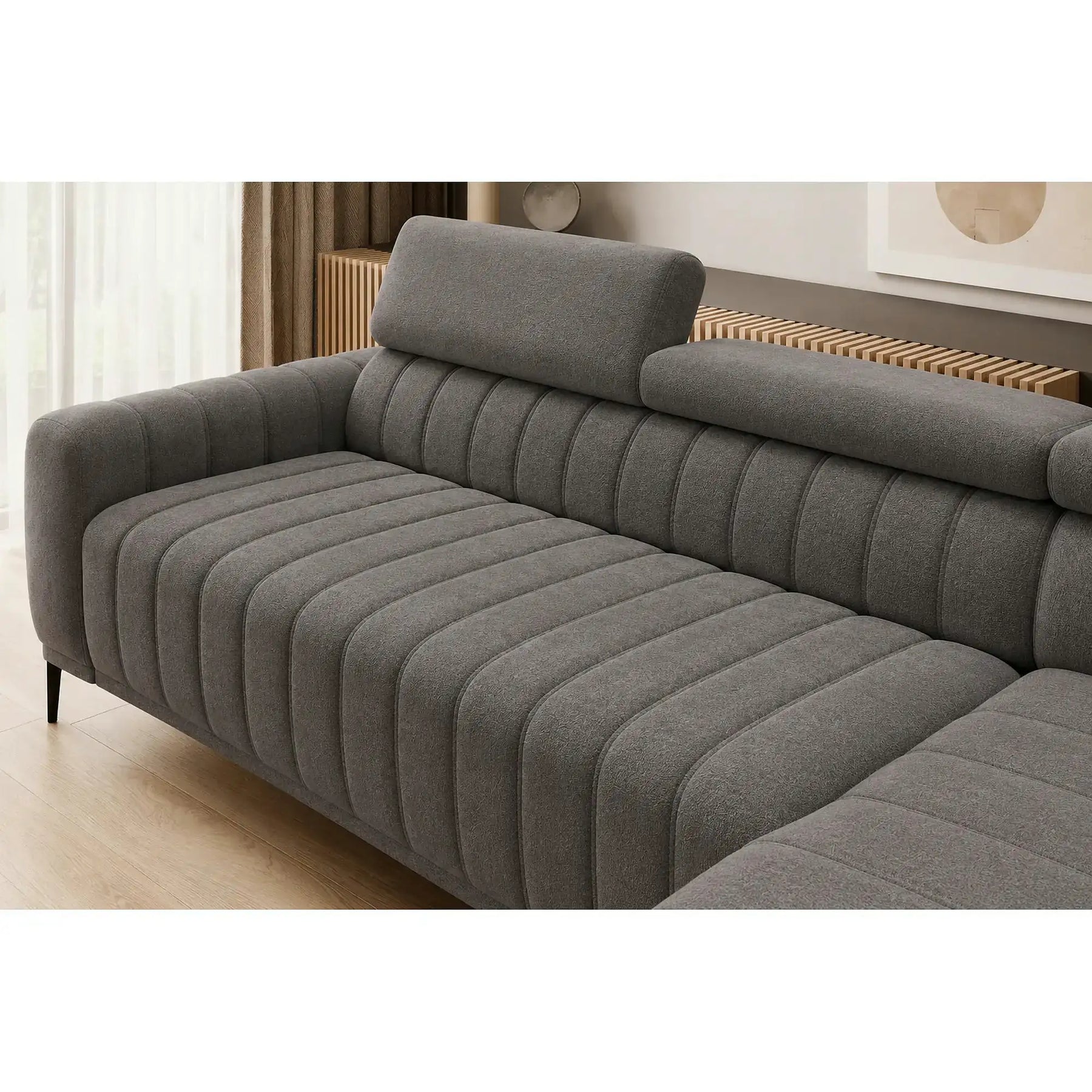Coltar extensibil tip pat matrimonial GANDI 160, stofă catifelata/lemn masiv/PAL, gri antracit - Salvador 15, 301×204×99 cm
