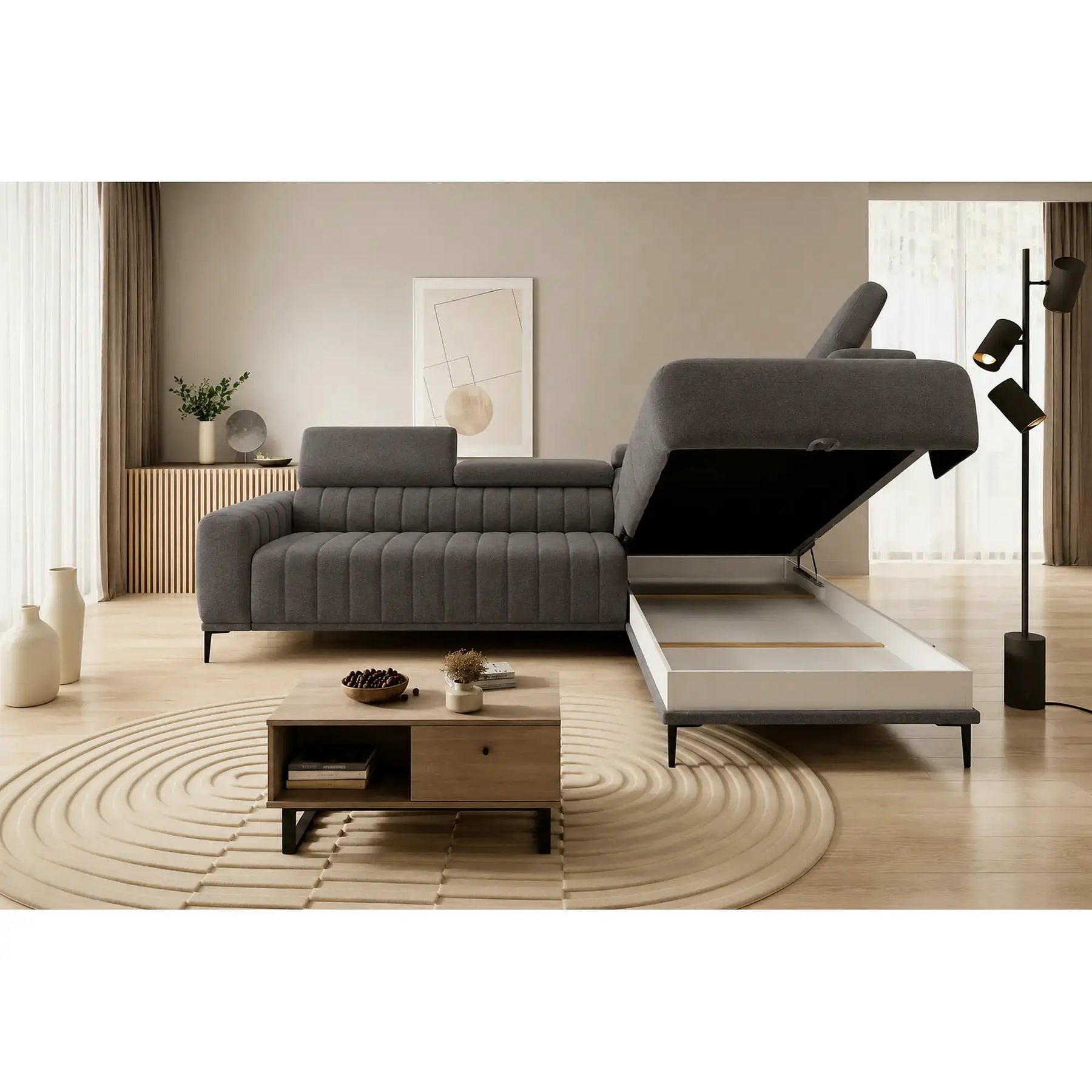 Coltar extensibil tip pat matrimonial GANDI 160, stofă catifelata/lemn masiv/PAL, gri antracit - Salvador 15, 301×204×99 cm