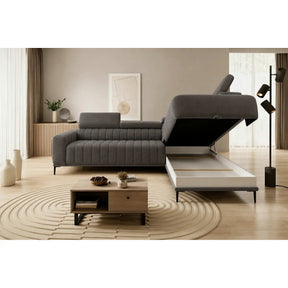 Coltar extensibil tip pat matrimonial GANDI 160, stofă catifelata/lemn masiv/PAL, gri antracit - Salvador 15, 301×204×99 cm