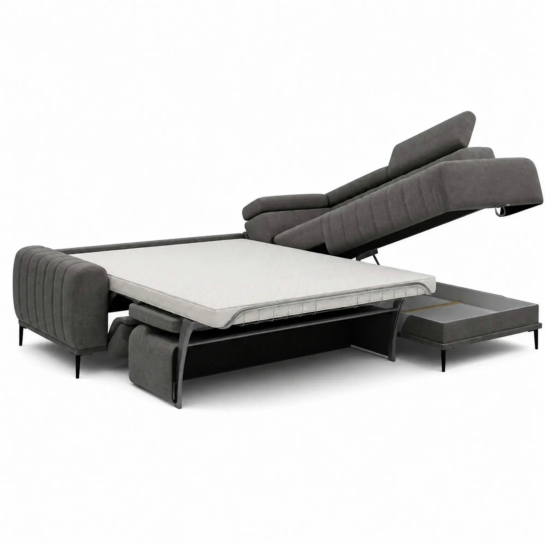 Coltar extensibil tip pat matrimonial GANDI 160, stofă catifelata/lemn masiv/PAL, gri antracit - Salvador 15, 301×204×99 cm