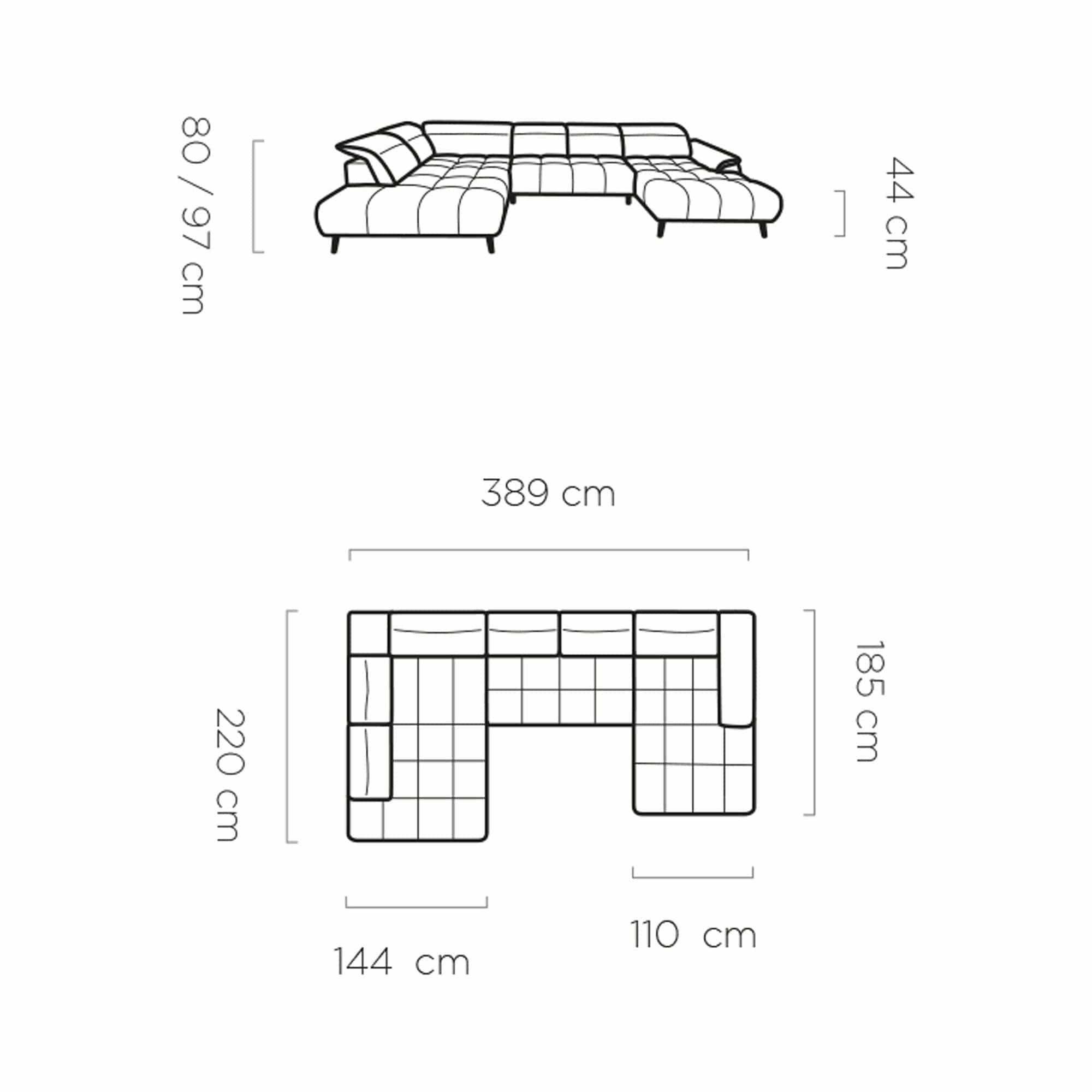 Coltar MONTANA XL, personalizabil materiale gama Oferta Avantaj, cu reglaj electric si tetiere reglabile, 389x220x97 cm