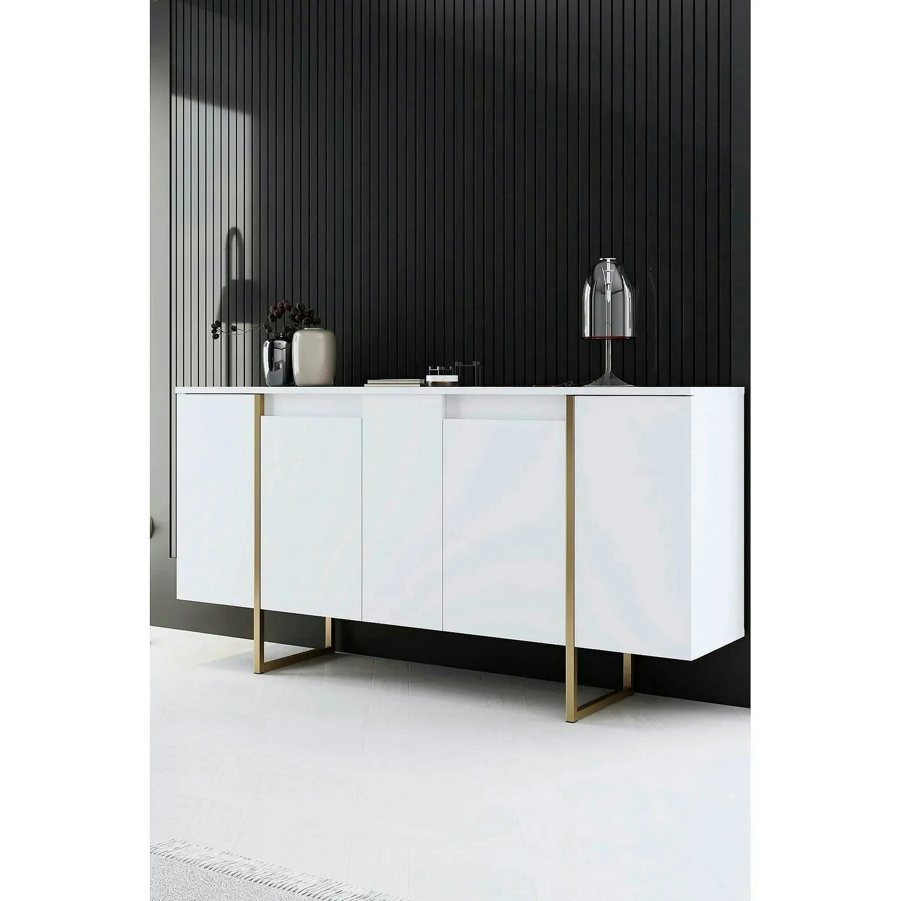 Comoda alba ingusta LUXE, PAL melaminat/metal, alb/auriu, 160×35×80 cm
