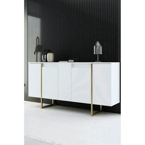 Comoda alba ingusta LUXE, PAL melaminat/metal, alb/auriu, 160×35×80 cm