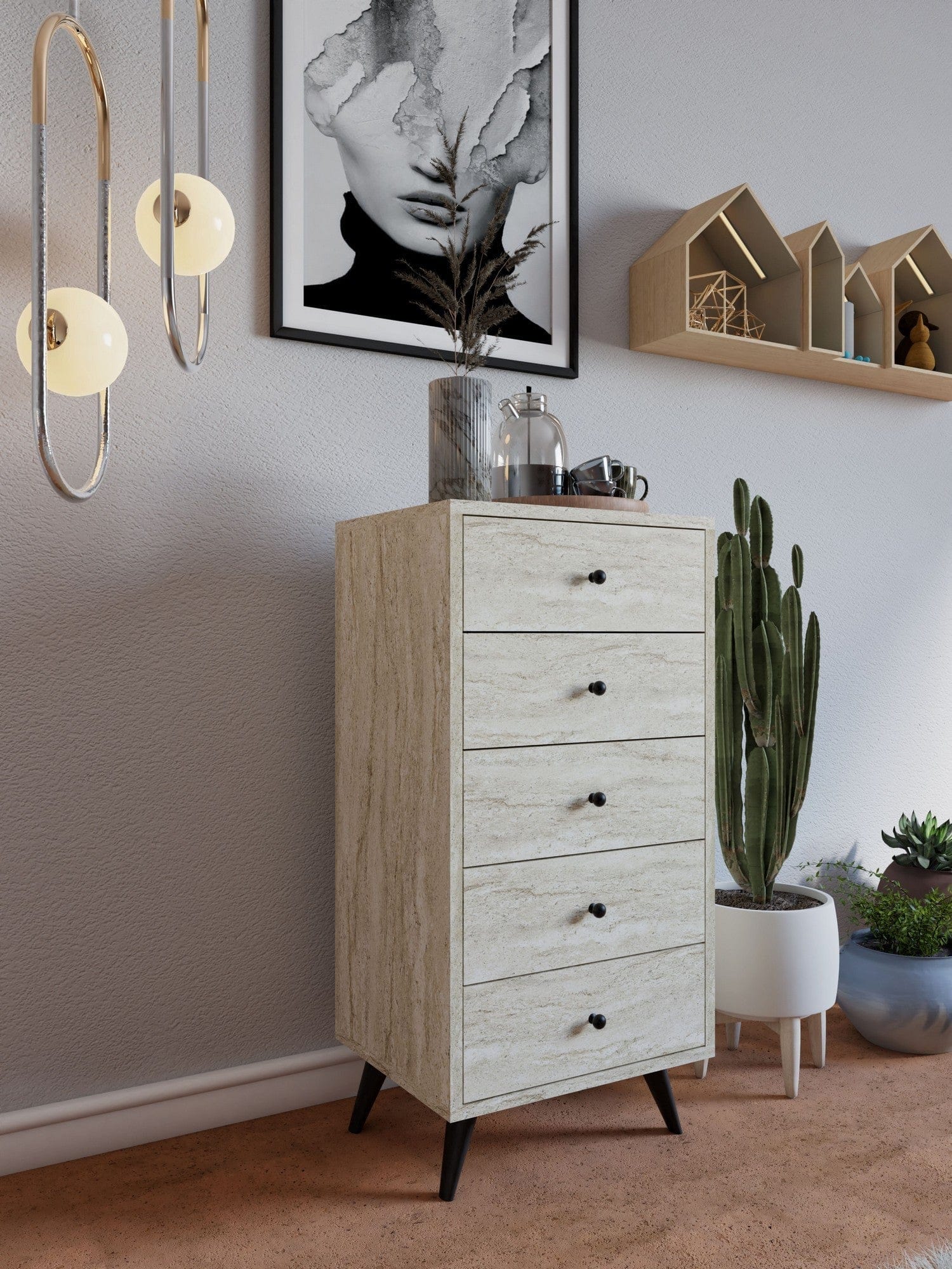 Comoda AMSTERDAM OCN-34161, efect de piatra travertin/negru