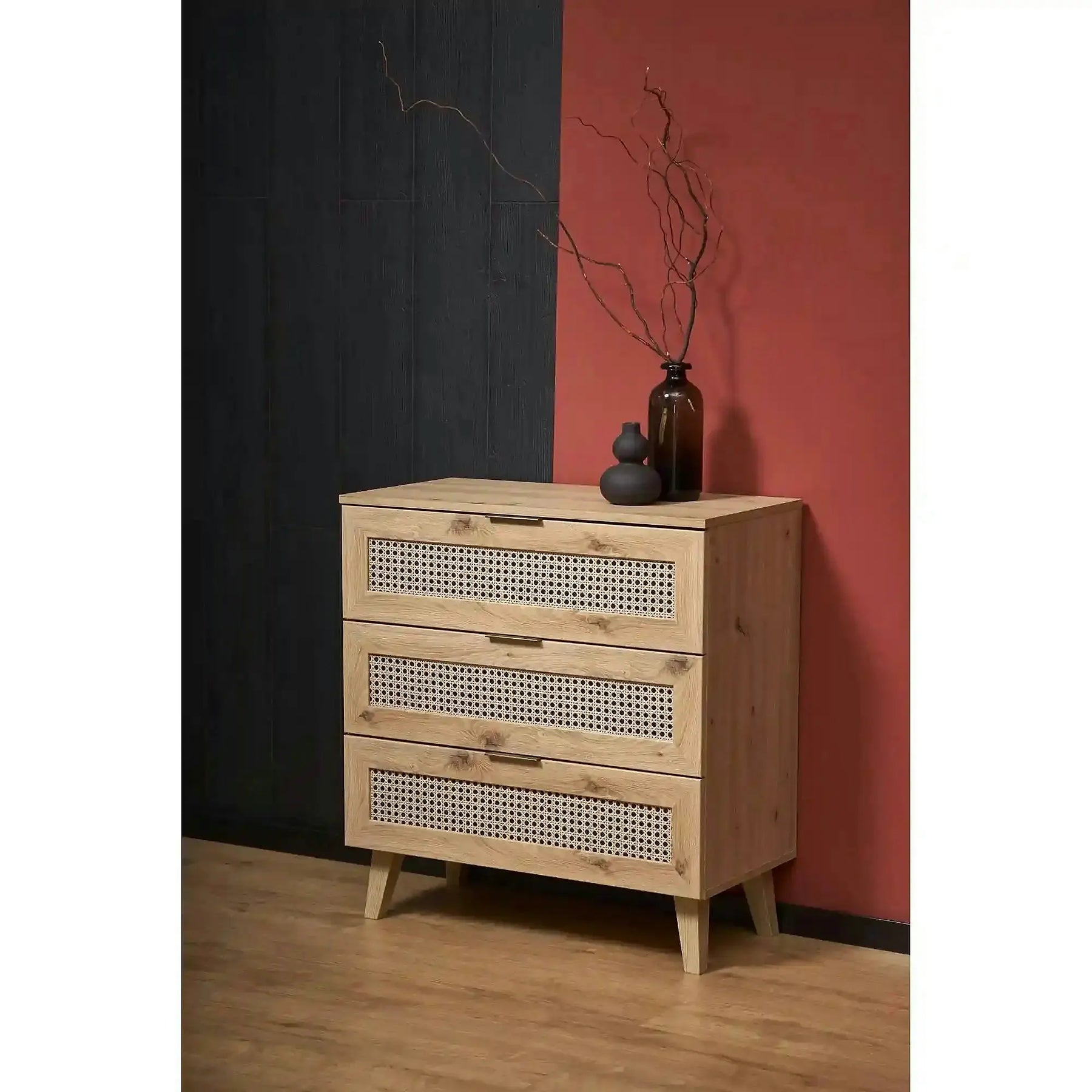 Comoda BORNEO, PAL laminat/MDF laminat/polipropilenă, stejar artisan, 80×40×85 cm