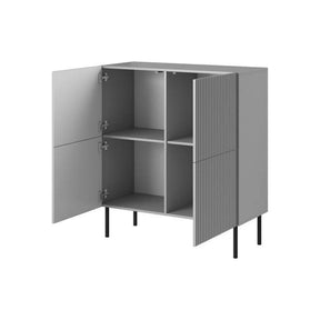 Comodă gri mat cu uși cu detalii verticale, ideală pentru living – primabucata