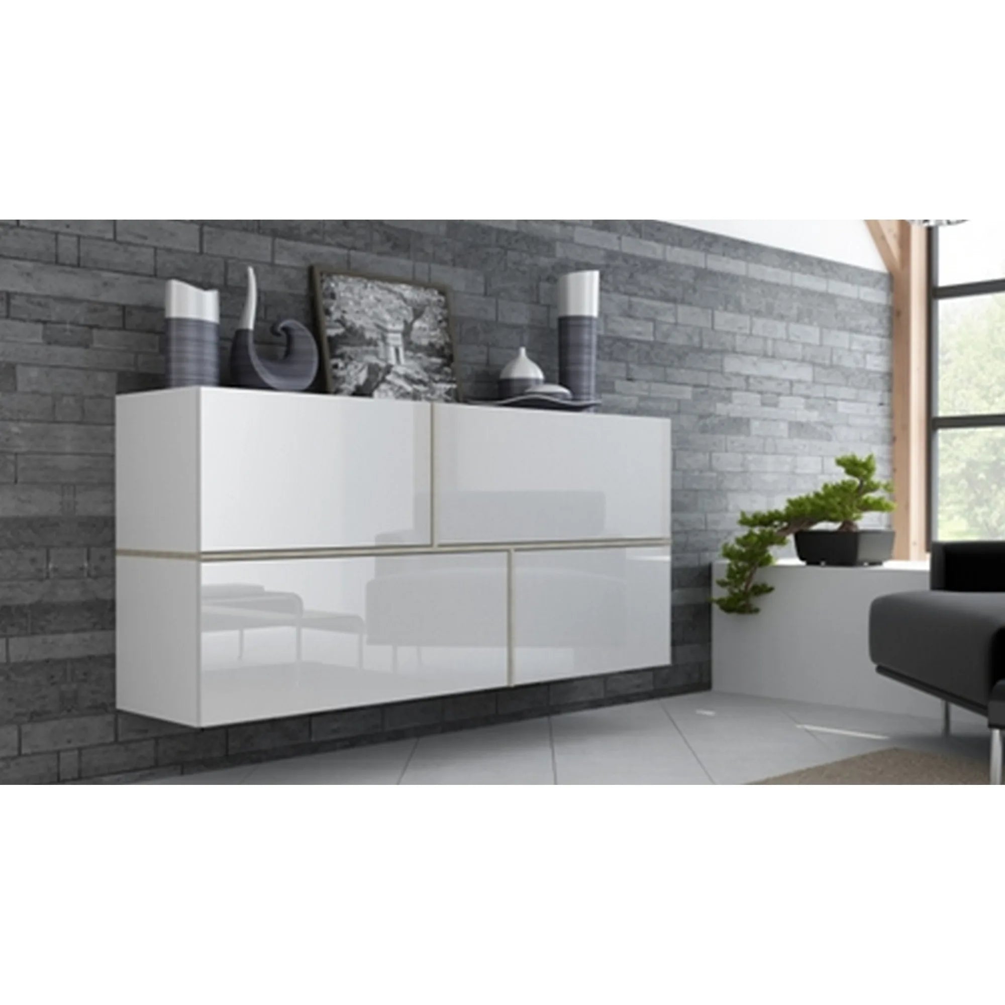 Comoda HOUSTON OCN-38126, alb lucios/stejar sonoma