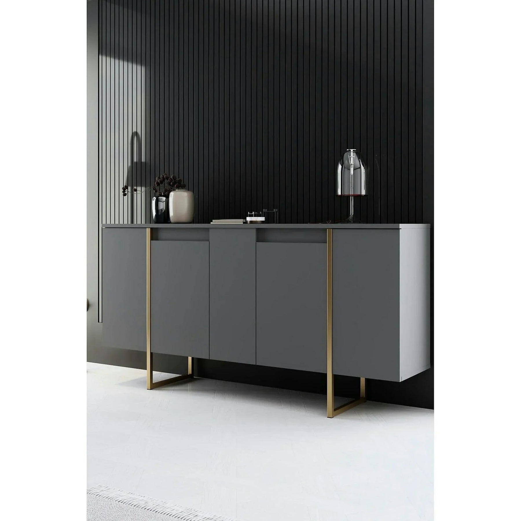 Comoda living gri LUXE, PAL melaminat/metal, gri antracit/auriu, 160×35×80 cm