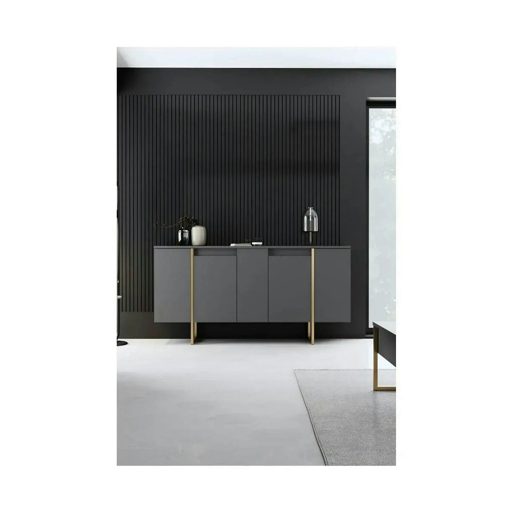 Comoda living gri LUXE, PAL melaminat/metal, gri antracit/auriu, 160×35×80 cm