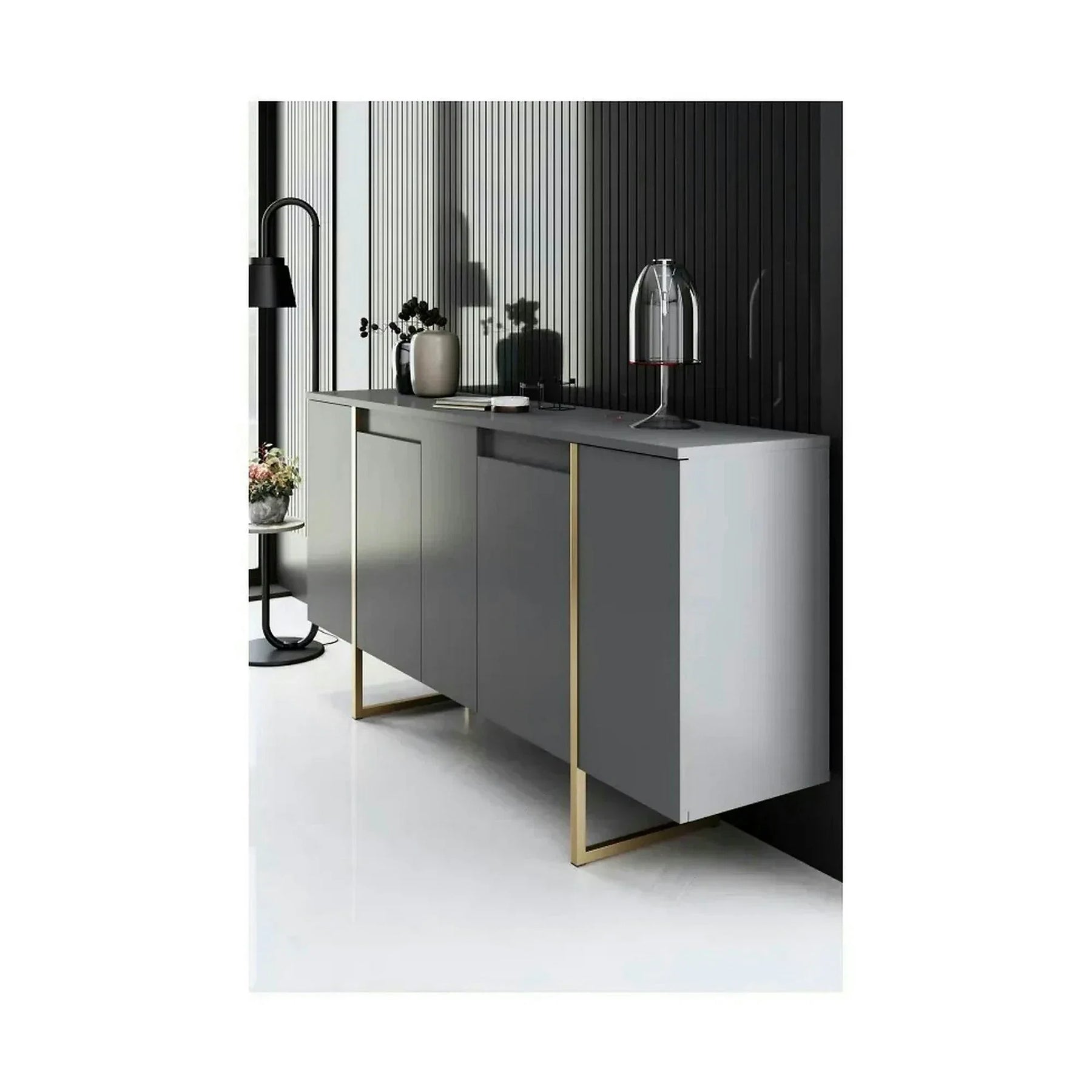 Comoda living gri LUXE, PAL melaminat/metal, gri antracit/auriu, 160×35×80 cm