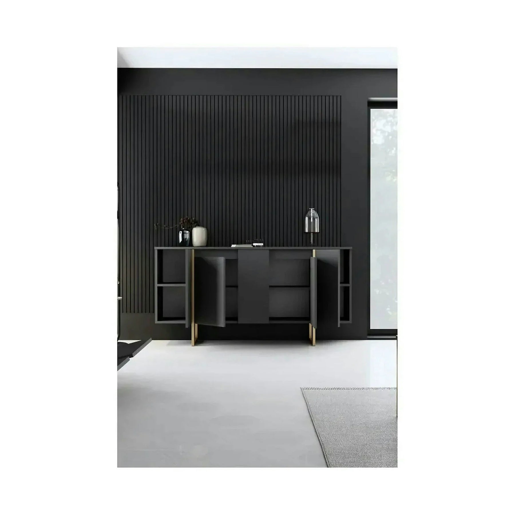 Comoda living gri LUXE, PAL melaminat/metal, gri antracit/auriu, 160×35×80 cm