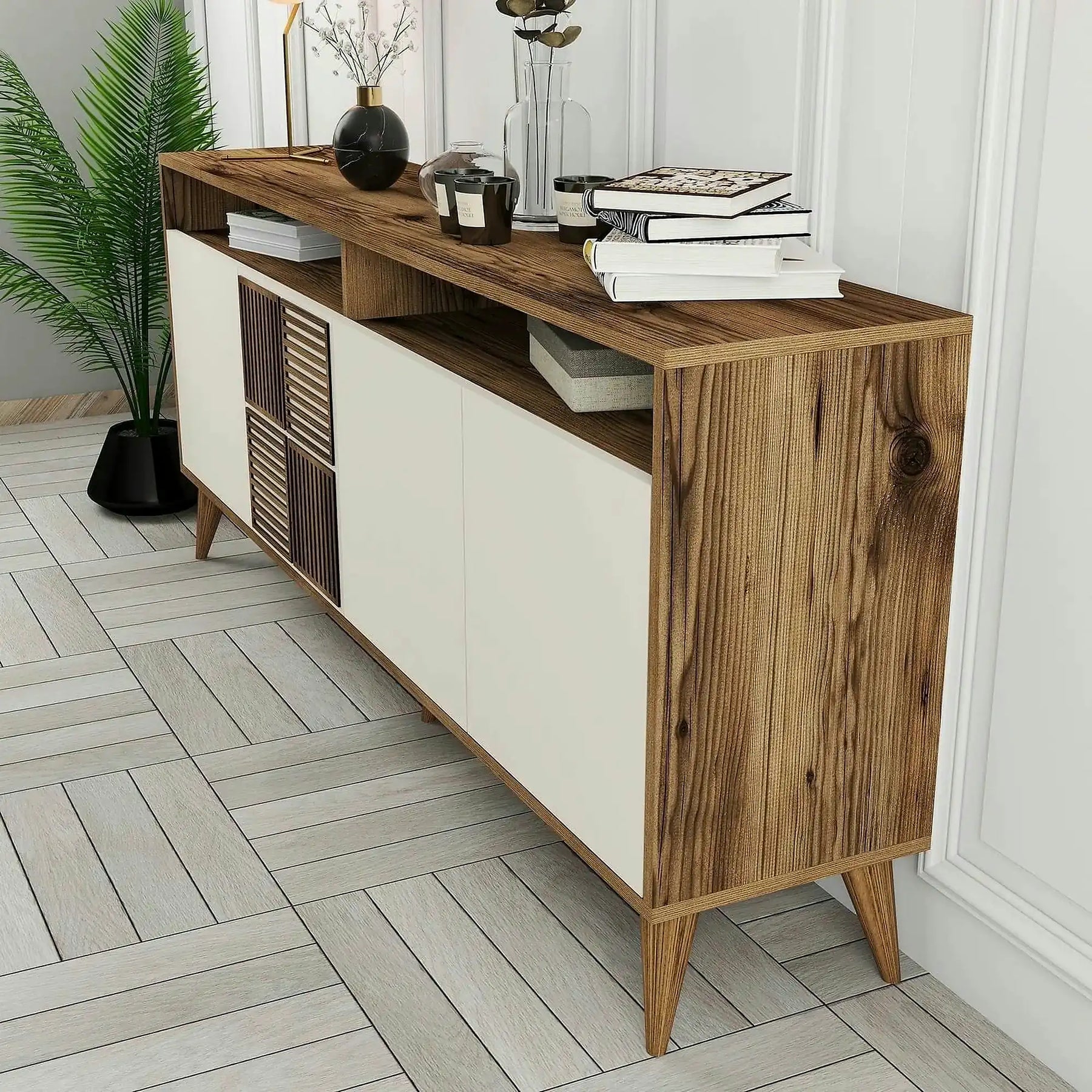 Comoda Milan, PAL melaminat/metal, alun/crem, 180×35×79 cm