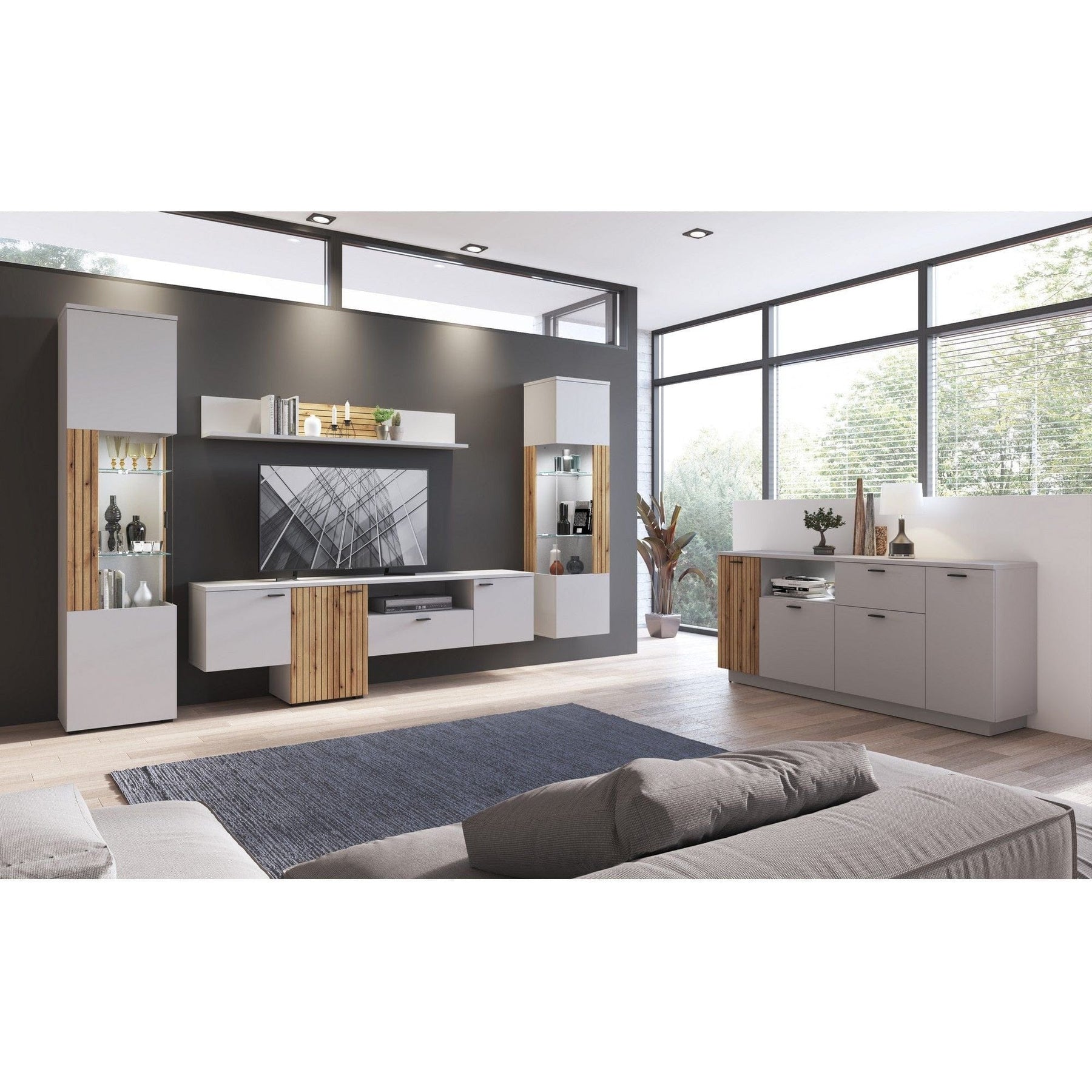 Comoda TV VERO, alb/stejar, PAL laminat, 160x40x69 cm