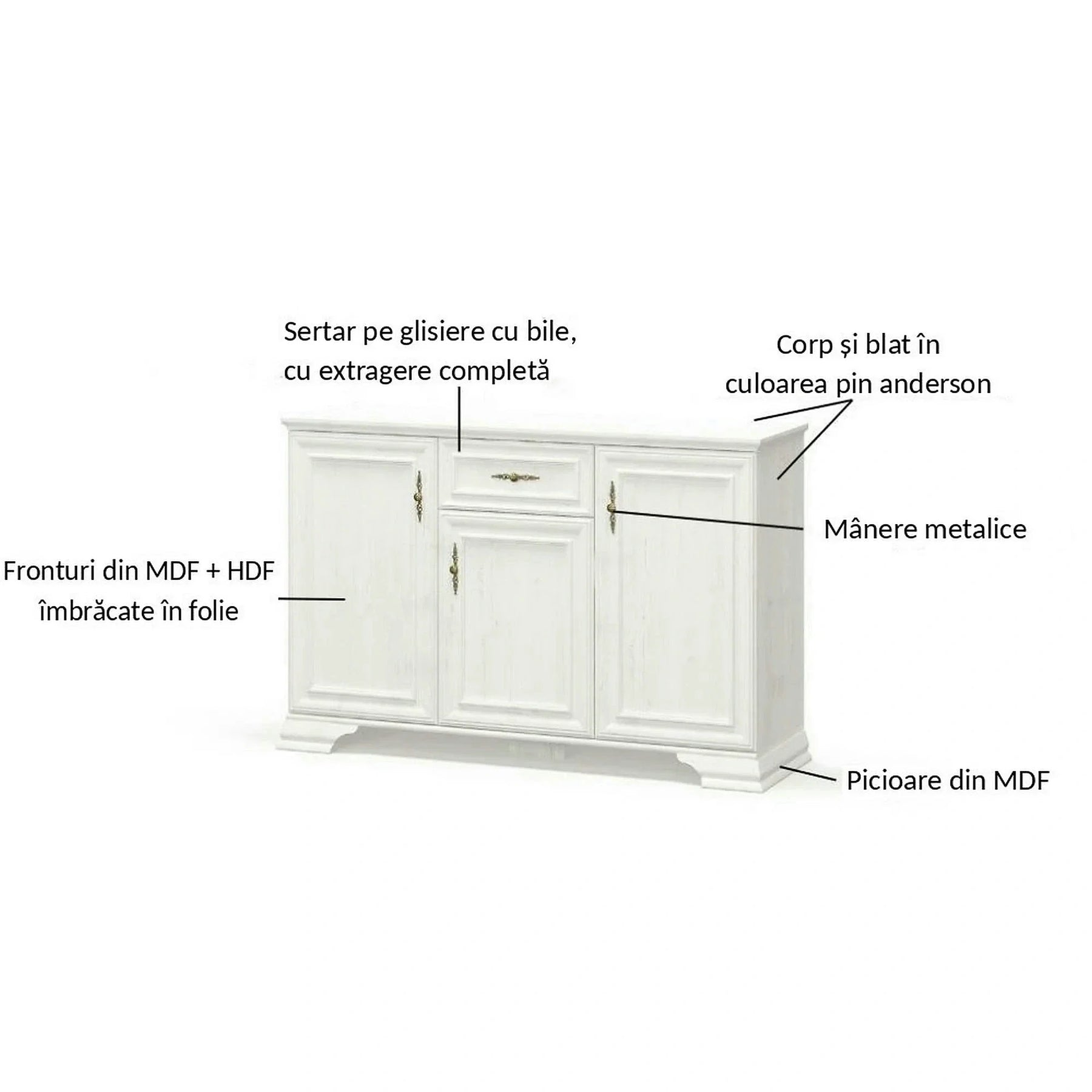 Comoda pin alb anderson IRYS, PAL laminat/MDF/metal, pin alb anderson, 137.6×39×88.7 cm
