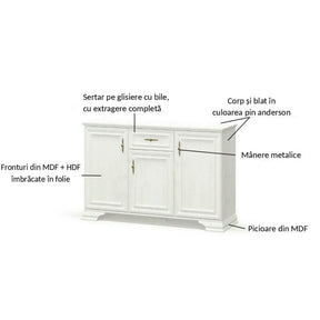 Comoda pin alb anderson IRYS, PAL laminat/MDF/metal, pin alb anderson, 137.6×39×88.7 cm