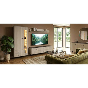 Comoda SIERRA SR8, PAL laminat/MDF/sticlă, casmir/negru cu efect de marmura/auriu, 185×39×86 cm