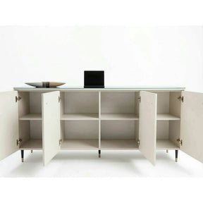 Comoda SIERRA SR8, PAL laminat/MDF/sticlă, casmir/negru cu efect de marmura/auriu, 185×39×86 cm