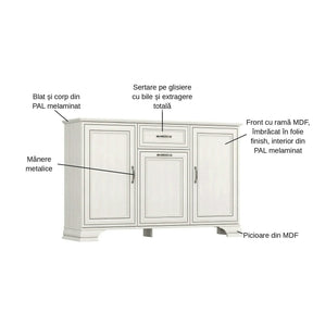 Comoda TIFFANY II, PAL laminat/MDF/metal, grej, 139×37×90 cm