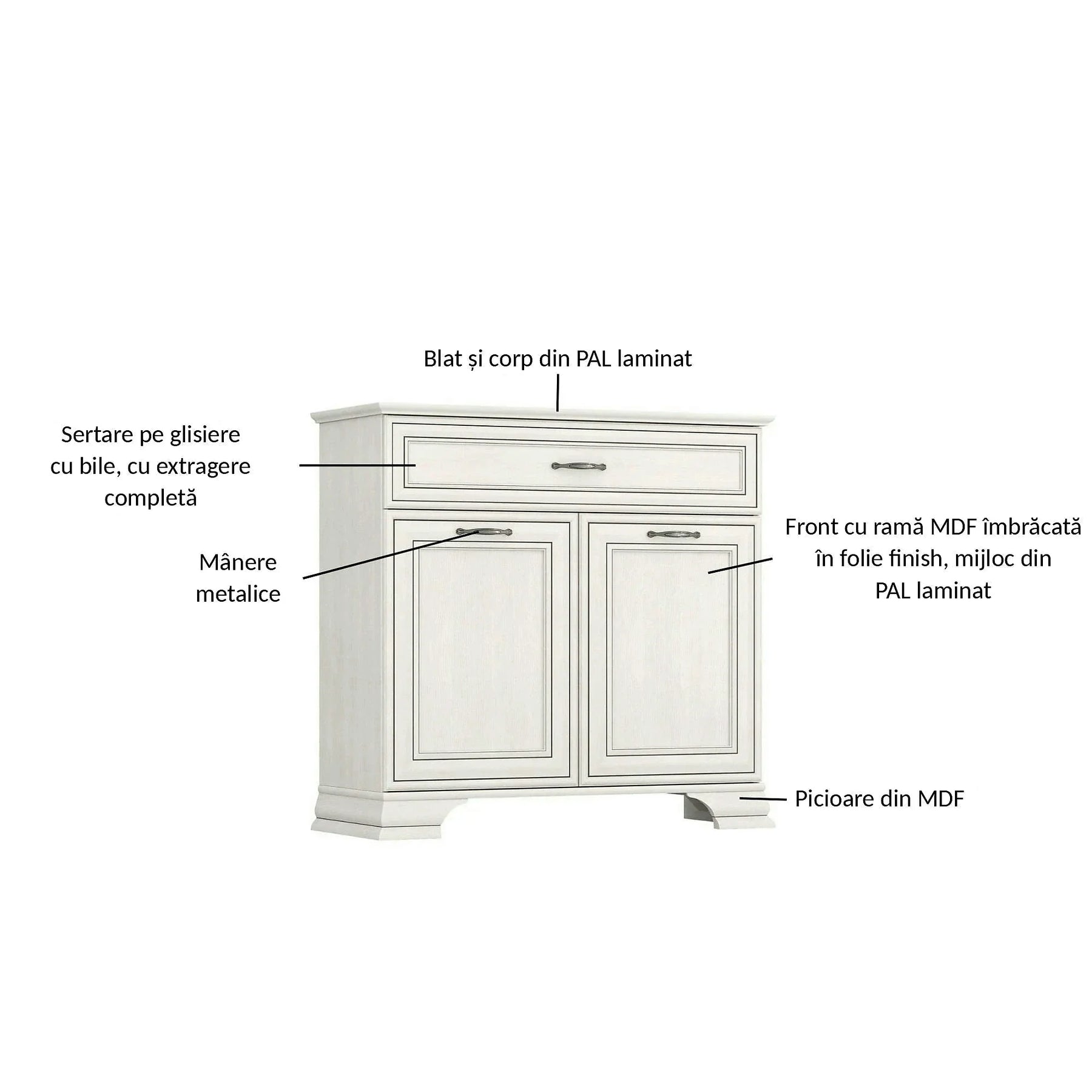 Comoda TIFFANY II, PAL laminat/MDF, grej, 94×37×90 cm