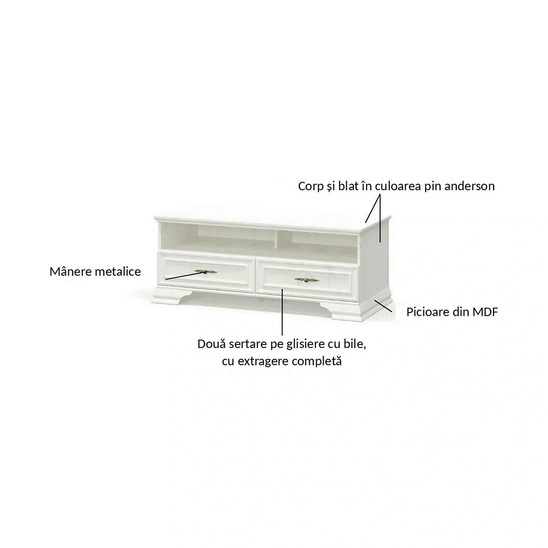 Comoda TV clasica IRYS, PAL laminat/MDF/metal, pin alb anderson, 121×51×47 cm