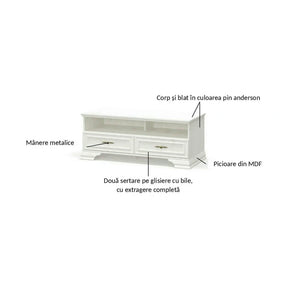 Comoda TV clasica IRYS, PAL laminat/MDF/metal, pin alb anderson, 121×51×47 cm