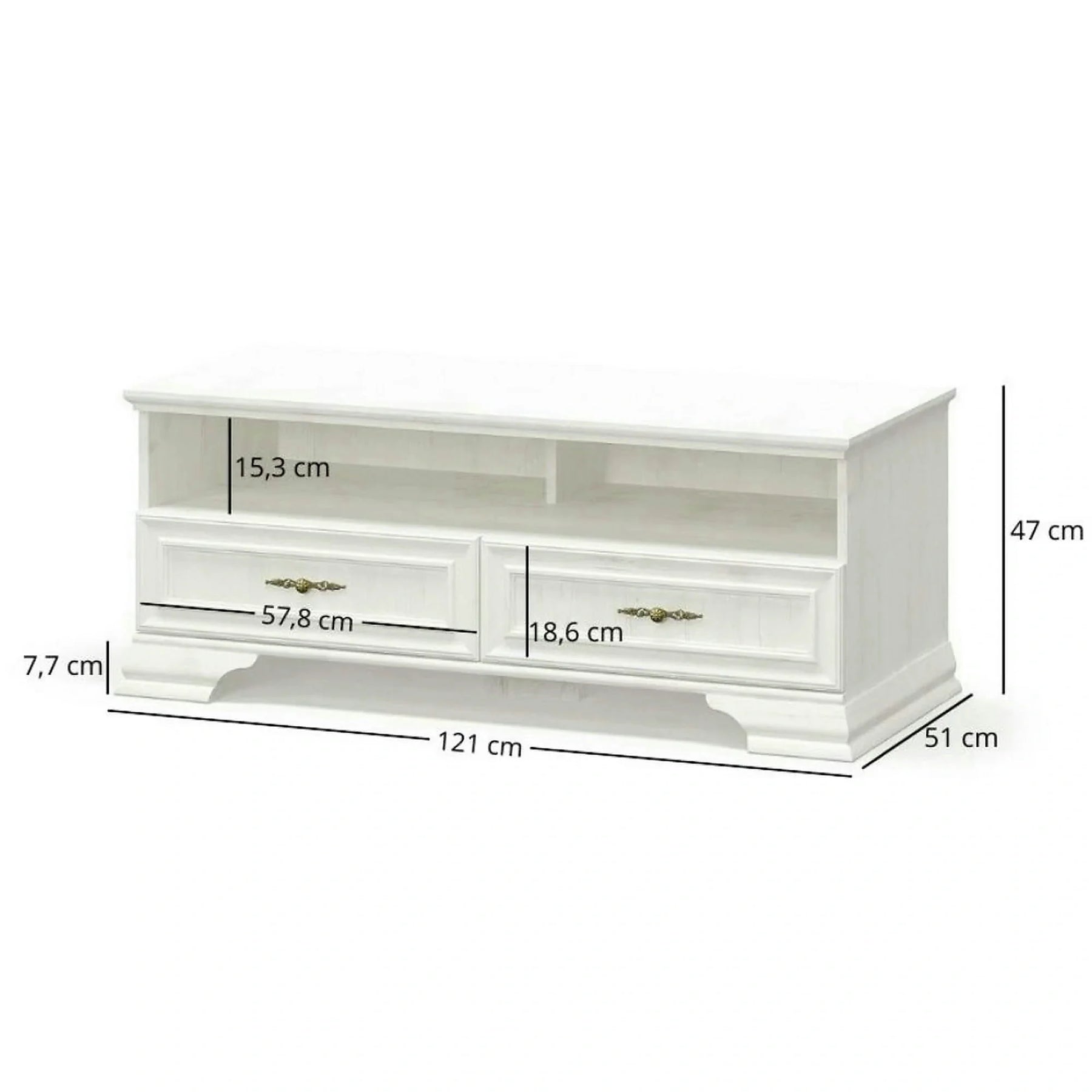 Comoda TV clasica IRYS, PAL laminat/MDF/metal, pin alb anderson, 121×51×47 cm