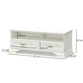 Comoda TV clasica IRYS, PAL laminat/MDF/metal, pin alb anderson, 121×51×47 cm