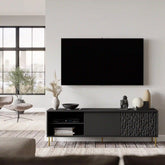 Comodă TV neagră cu detalii aurii, modernă, perfectă pentru living – primabucata