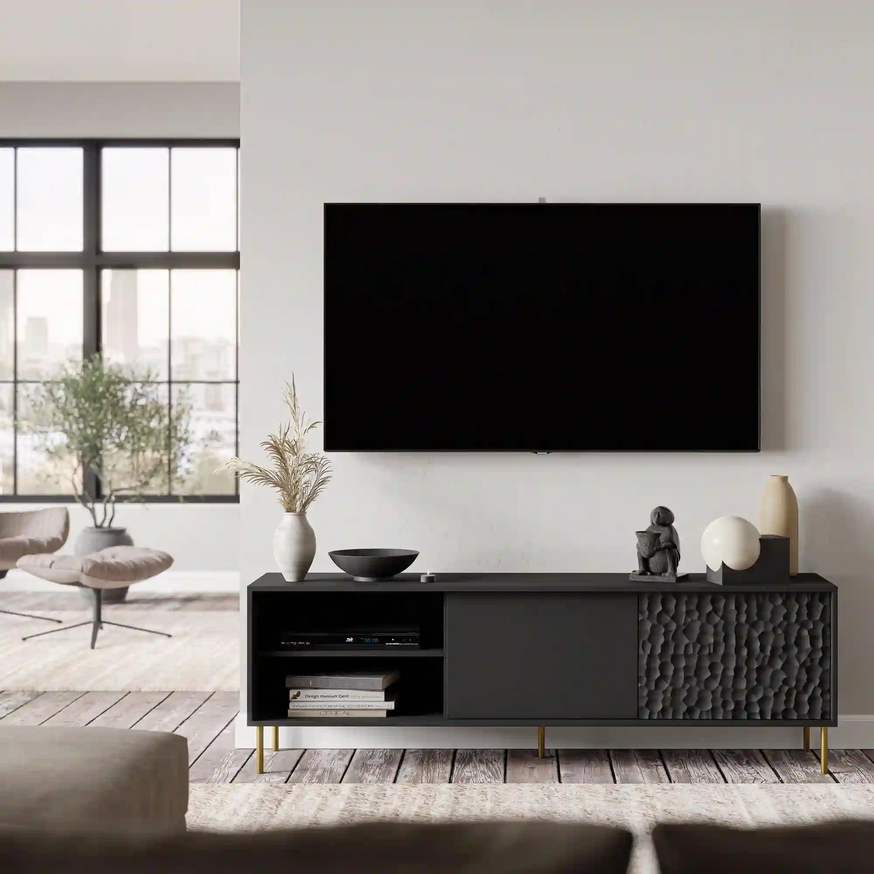Comodă TV neagră cu detalii aurii, modernă, perfectă pentru living – primabucata