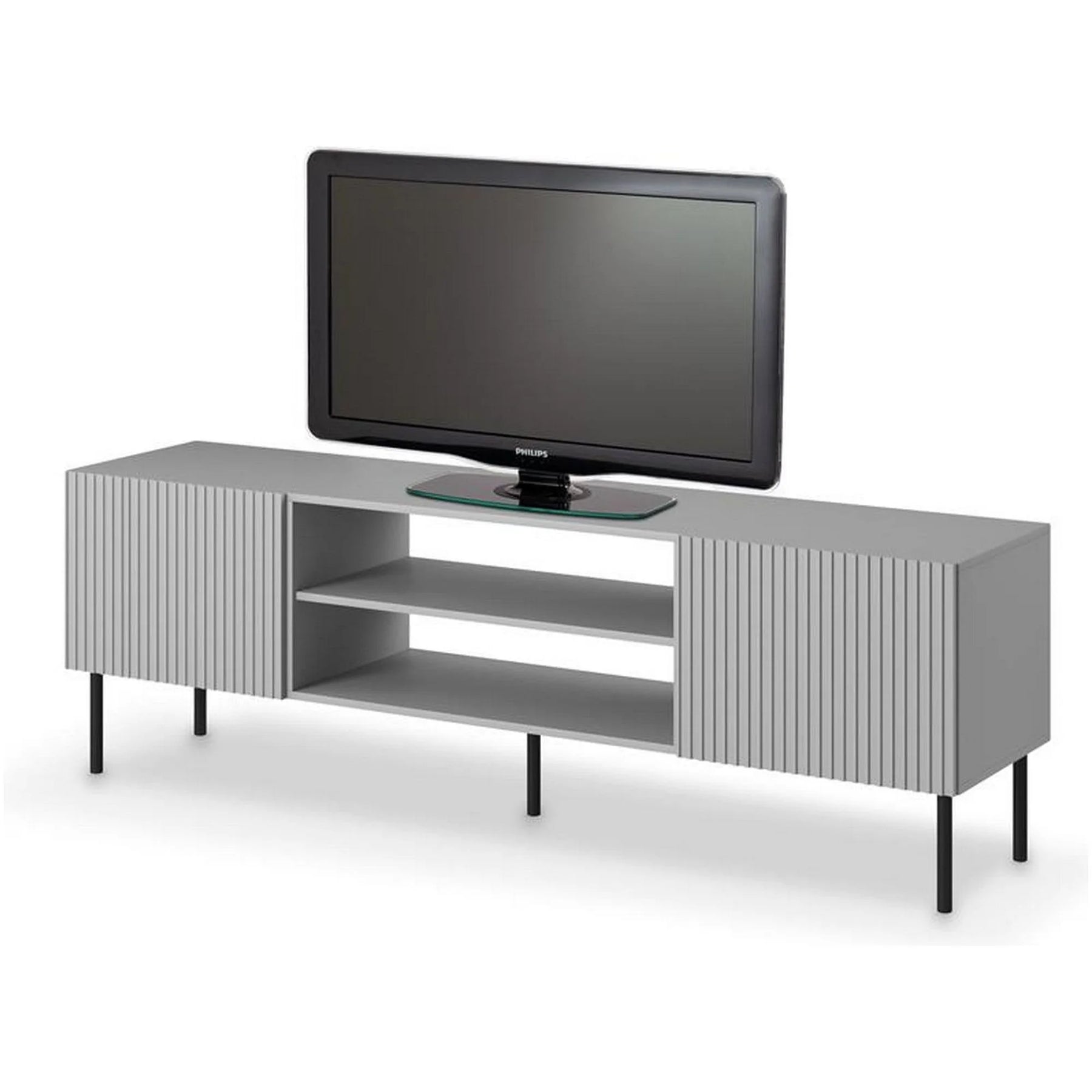 Comodă TV gri mat cu uși texturate, ideală pentru living – primabucata