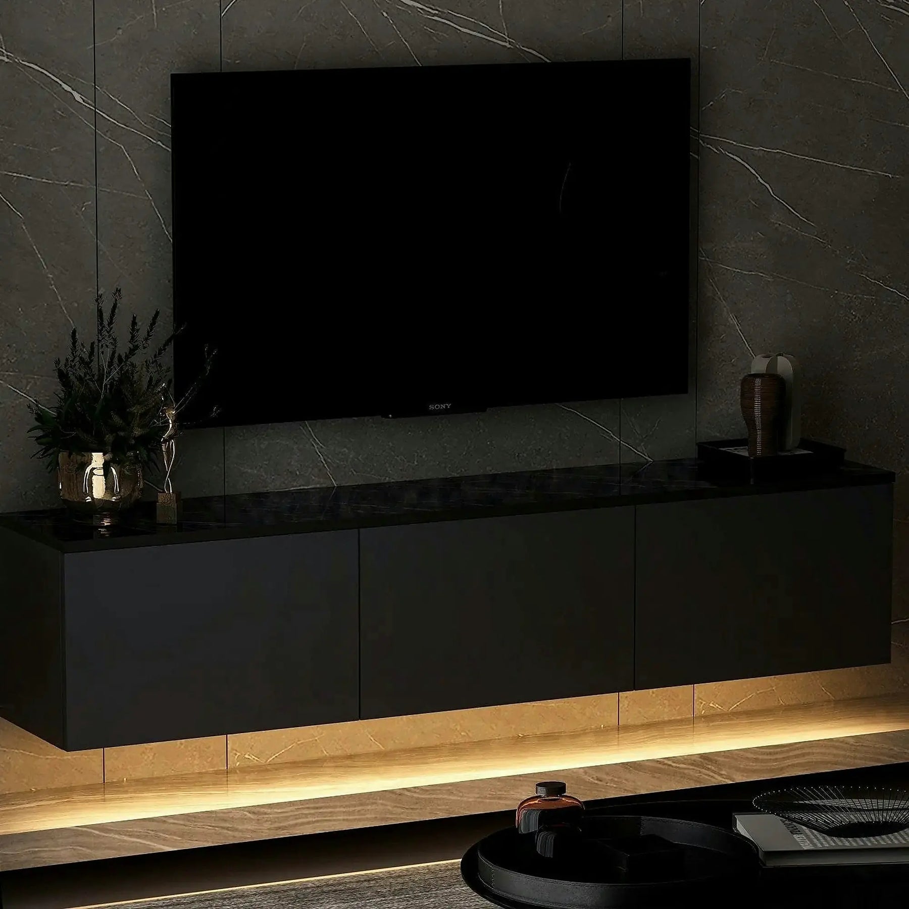 Comoda TV NEON ILLUMINATED, PAL melaminat, gri antracit, 160×32×35 cm