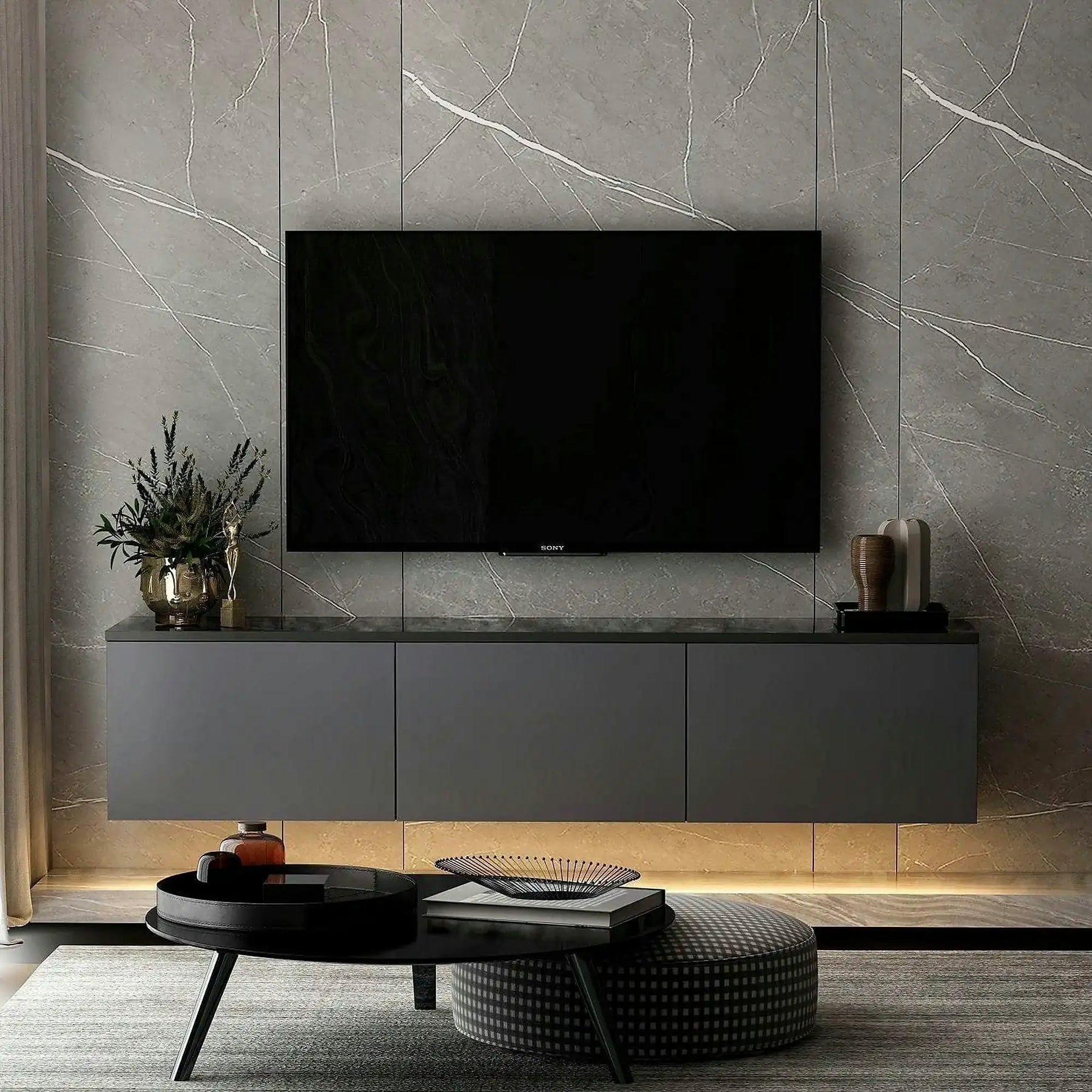 Comoda TV NEON ILLUMINATED, PAL melaminat, gri antracit, 160×32×35 cm