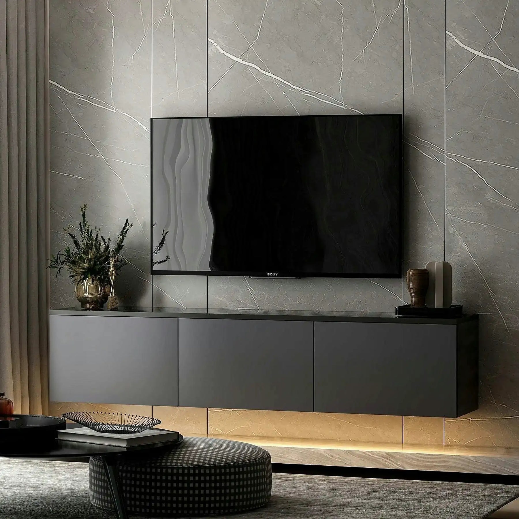 Comoda TV NEON ILLUMINATED, PAL melaminat, gri antracit, 160×32×35 cm
