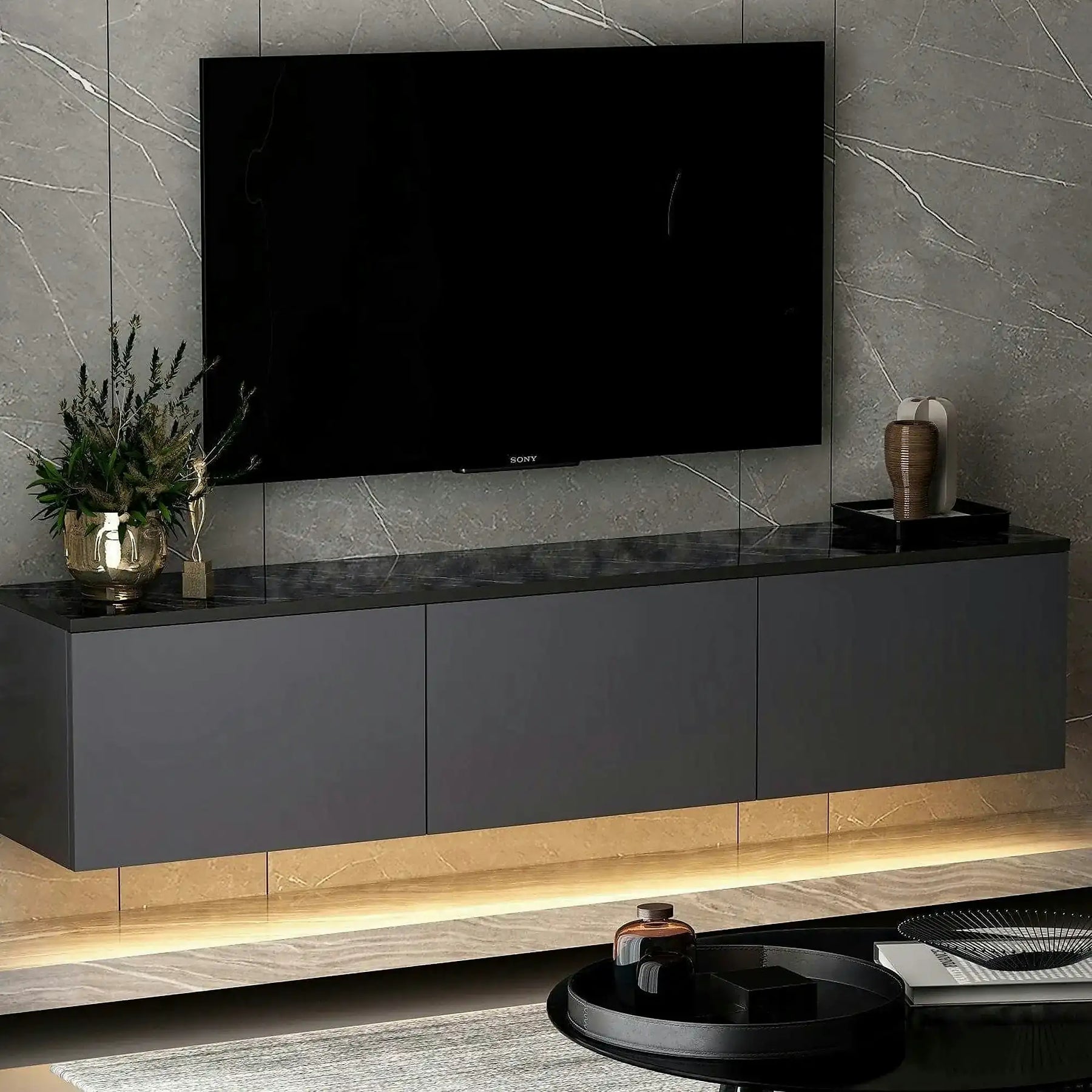 Comoda TV NEON ILLUMINATED, PAL melaminat, gri antracit, 160×32×35 cm