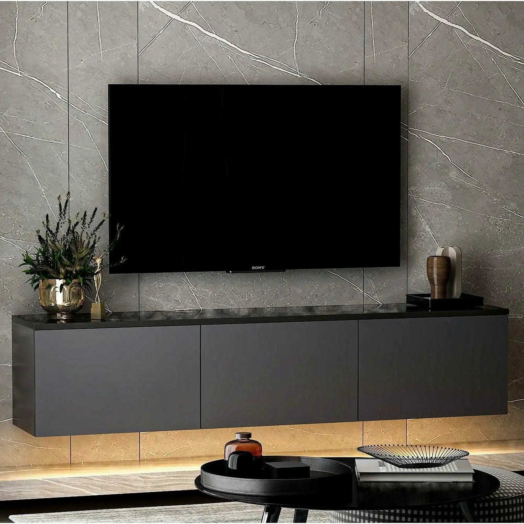 Comoda TV NEON ILLUMINATED, PAL melaminat, gri antracit, 160×32×35 cm