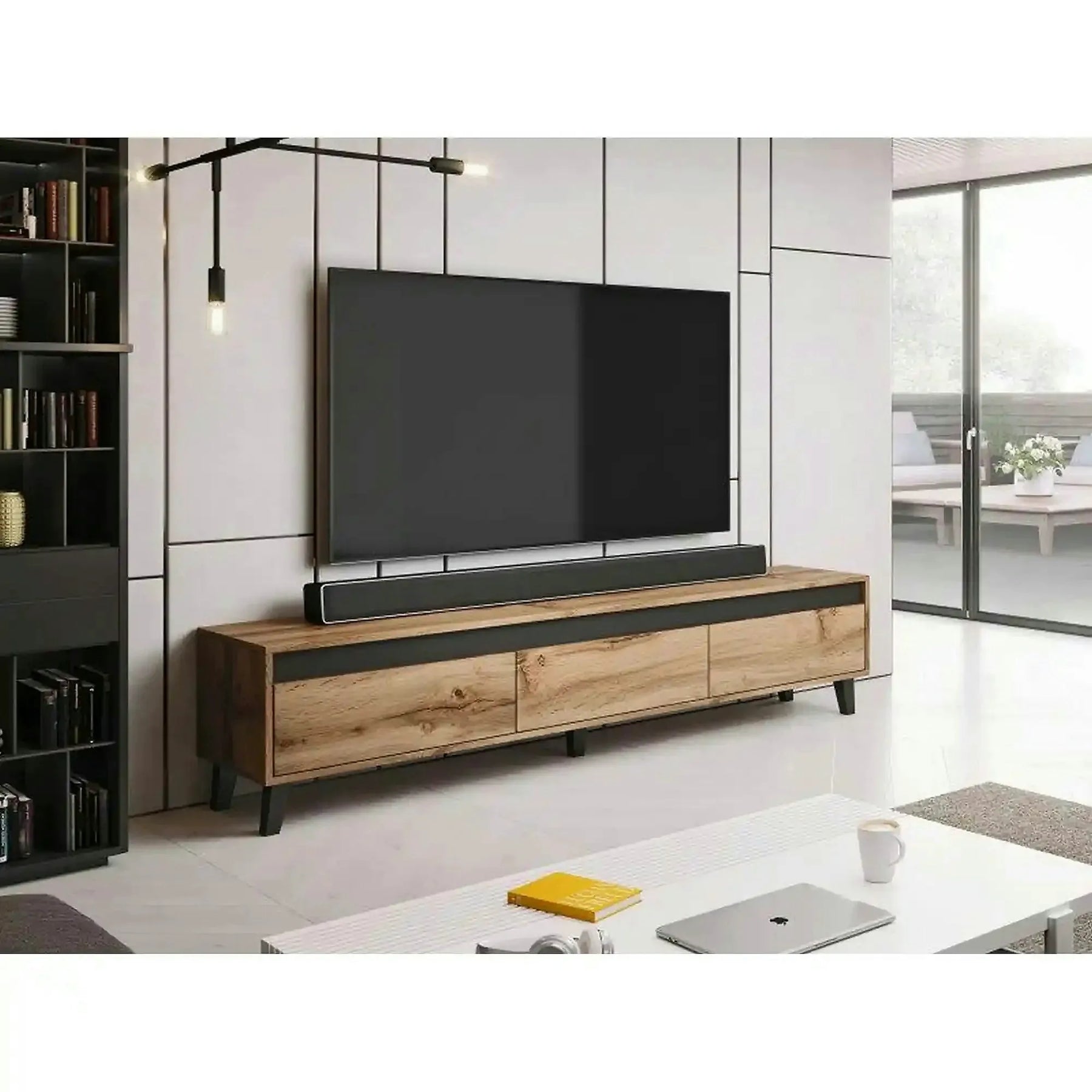 Comoda TV NORD, PAL laminat/plastic, stejar wotan/gri antracit, 185×38×42 cm